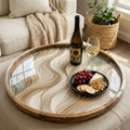 Abstract Wave Wooden Printed Platter | Round Mango Wood Tea Coffee Serving | Neutral Style