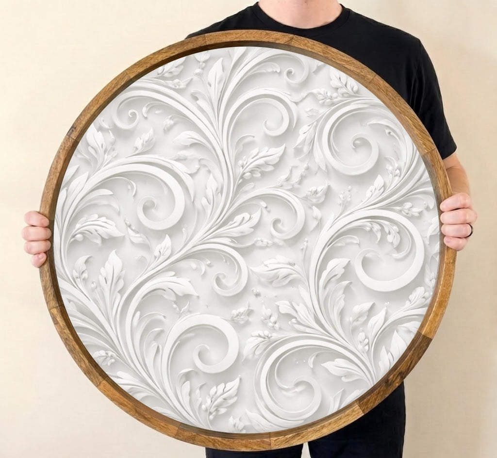 Abstract Beige Mango Wood Serving Tray | Round Ottoman Coffee Table Decor