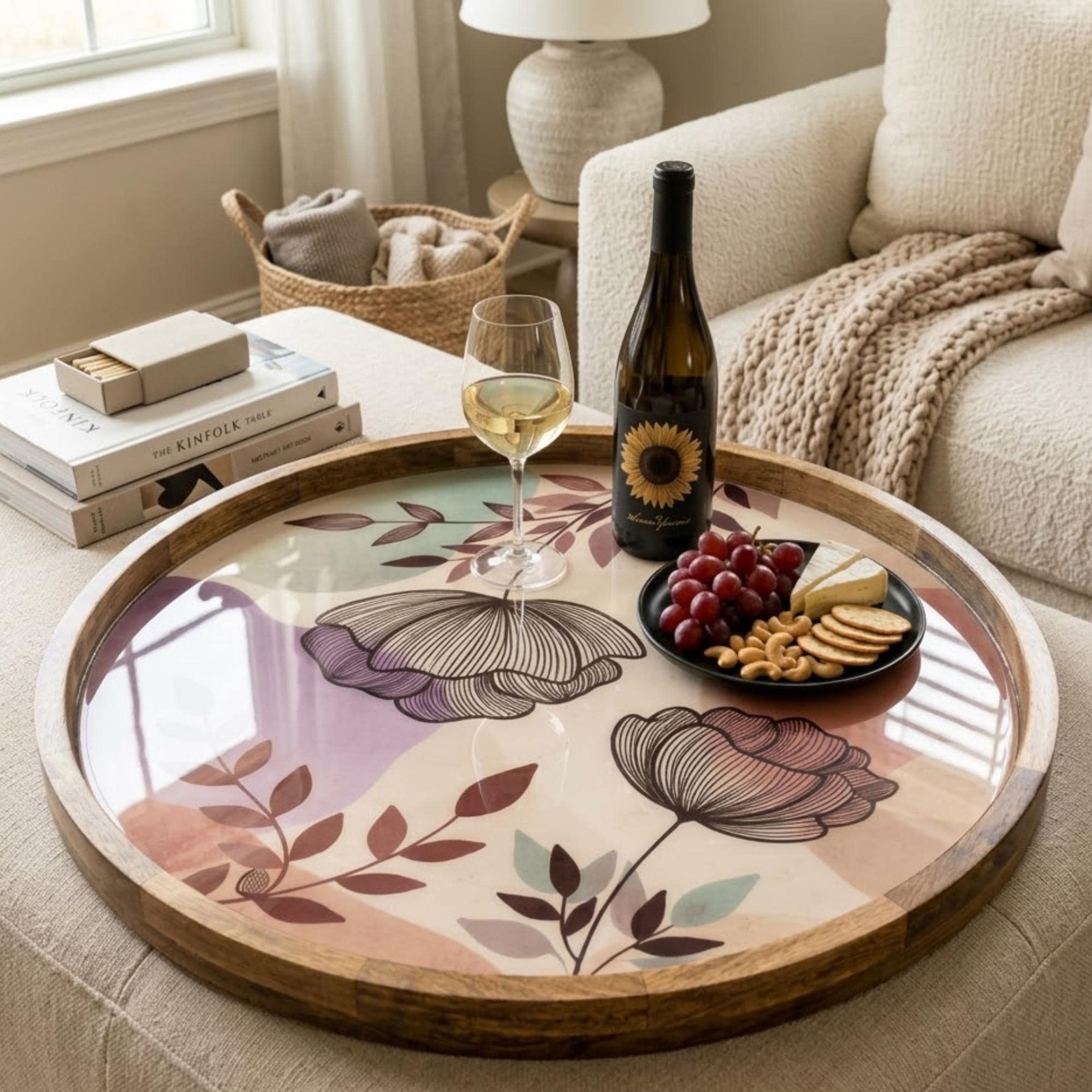 Floral Abstract Mango Wood Serving Tray | Botanical Ottoman Coffee Table Decor