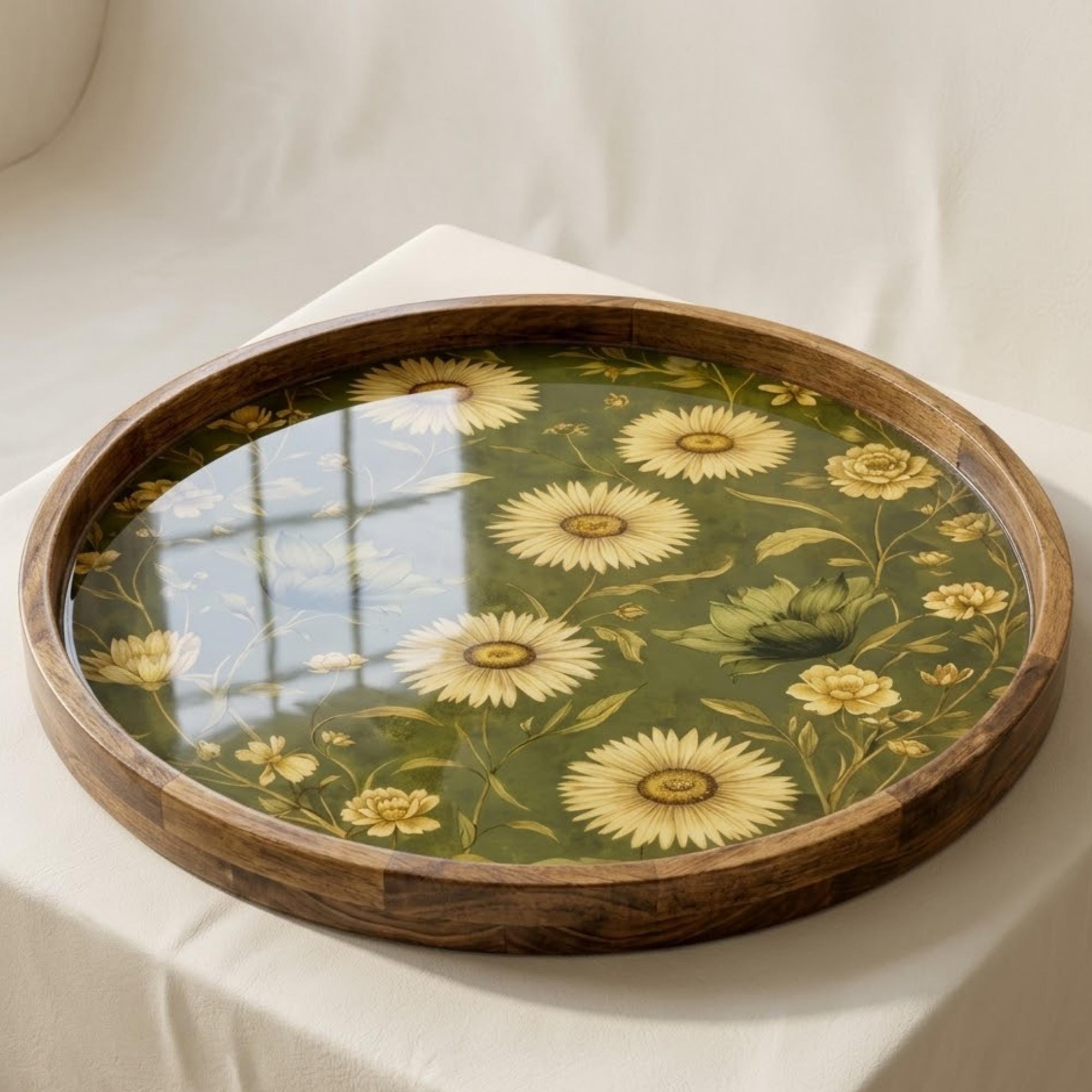 Sunflower Mango Wood Serving Tray | Vintage Floral Ottoman Coffee Table Decor