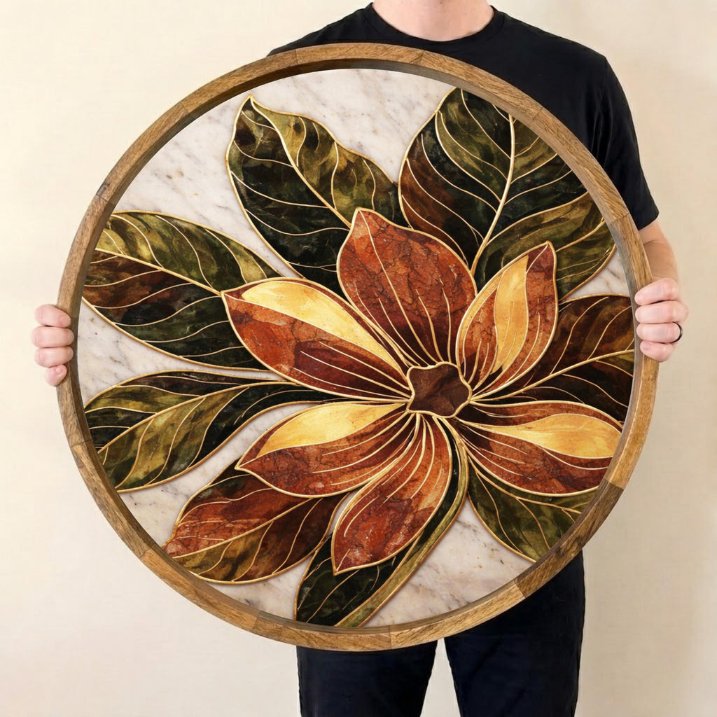 Floral Wooden Tray Printed | Mango Wood Round Serving Tea DecorTGJFYKFUIKUYFGHFH