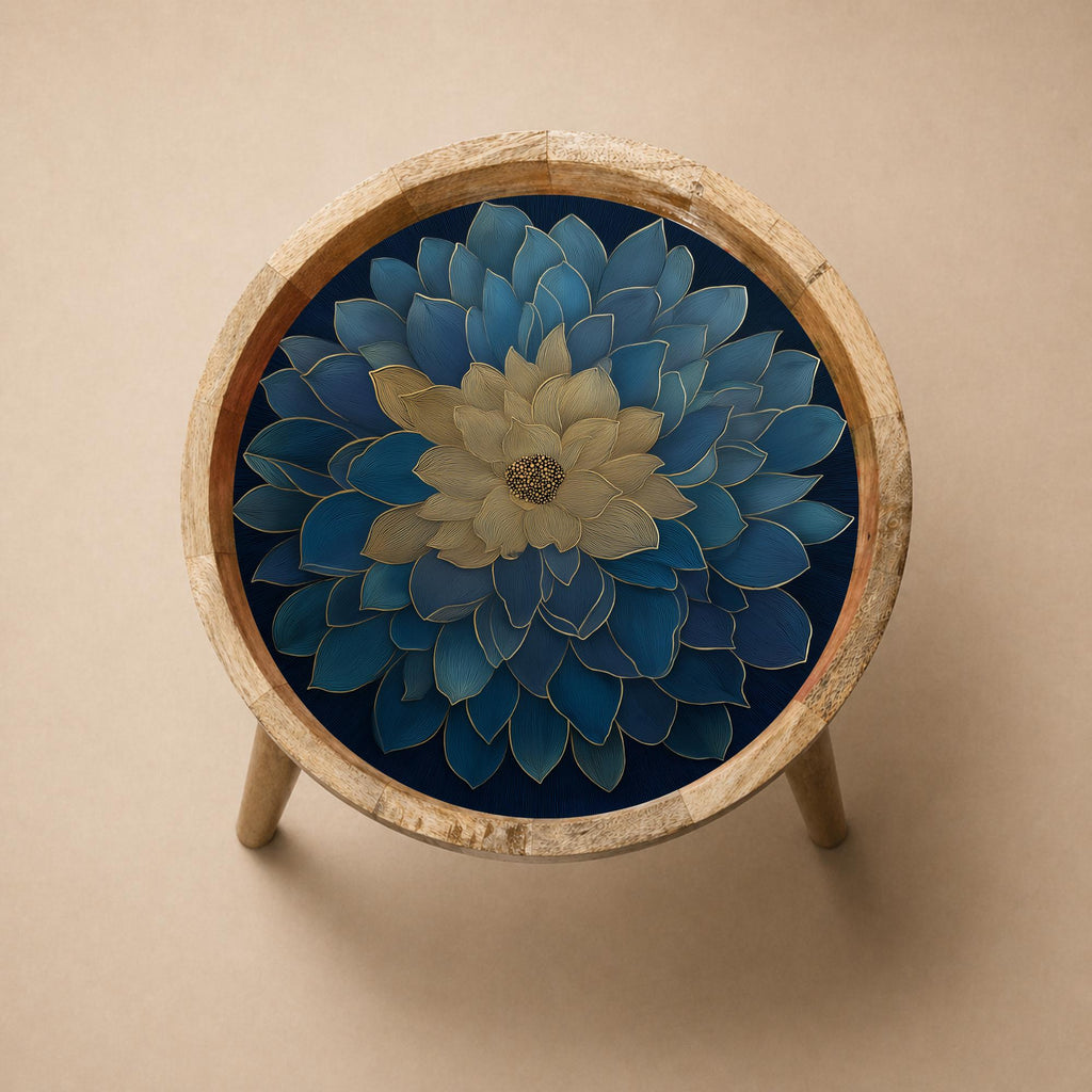 Handmade Mango Wood Blue Mandala Side Stand | Floral Printed End Table | Round Accent Furniture