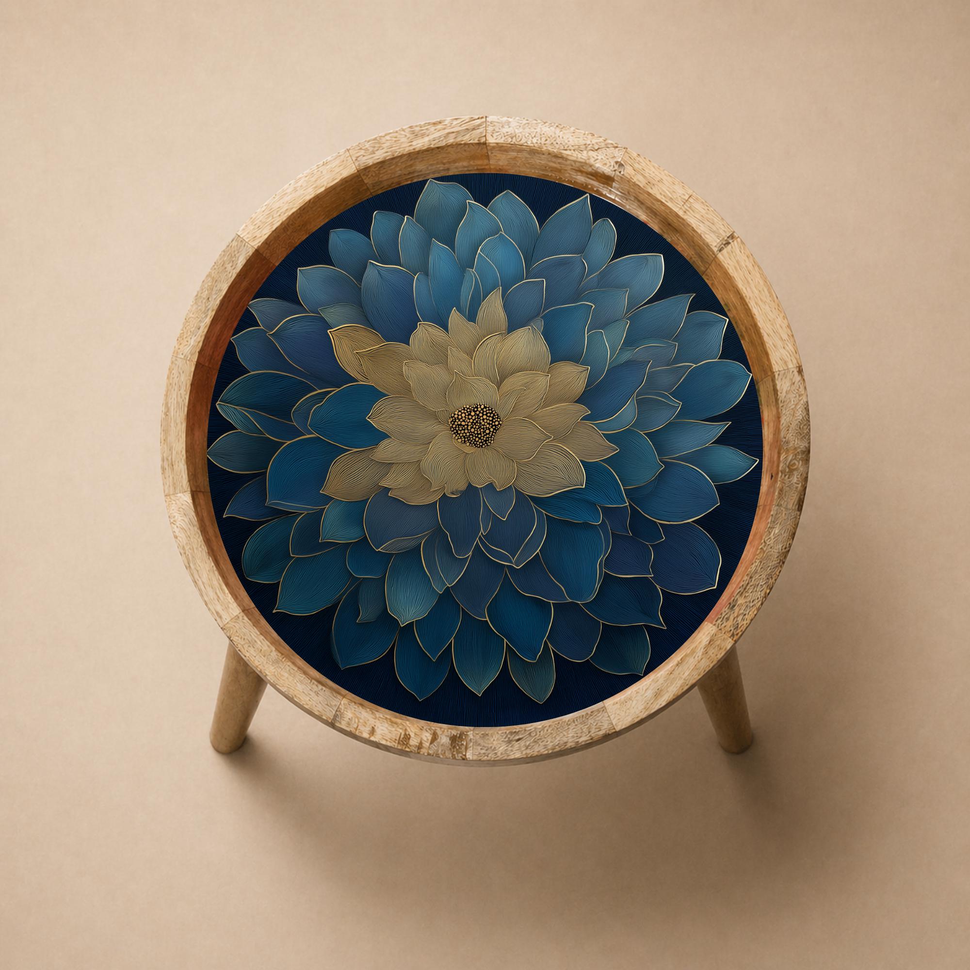 Handmade Mango Wood Blue Mandala Side Stand | Floral Printed End Table | Round Accent Furniture