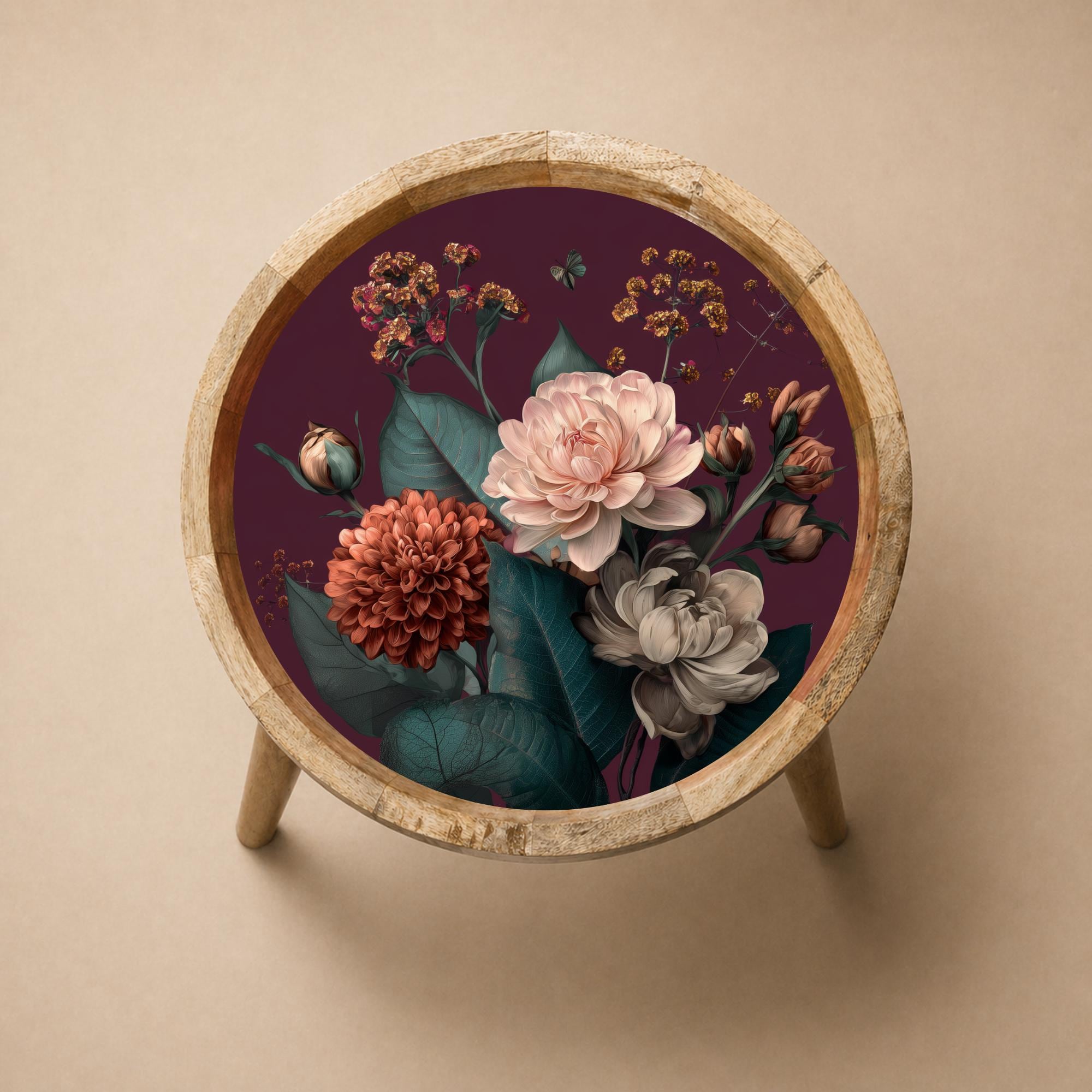 Handmade Mango Wood Floral Side Stand | Vintage Printed End Table | Round Accent Furniture