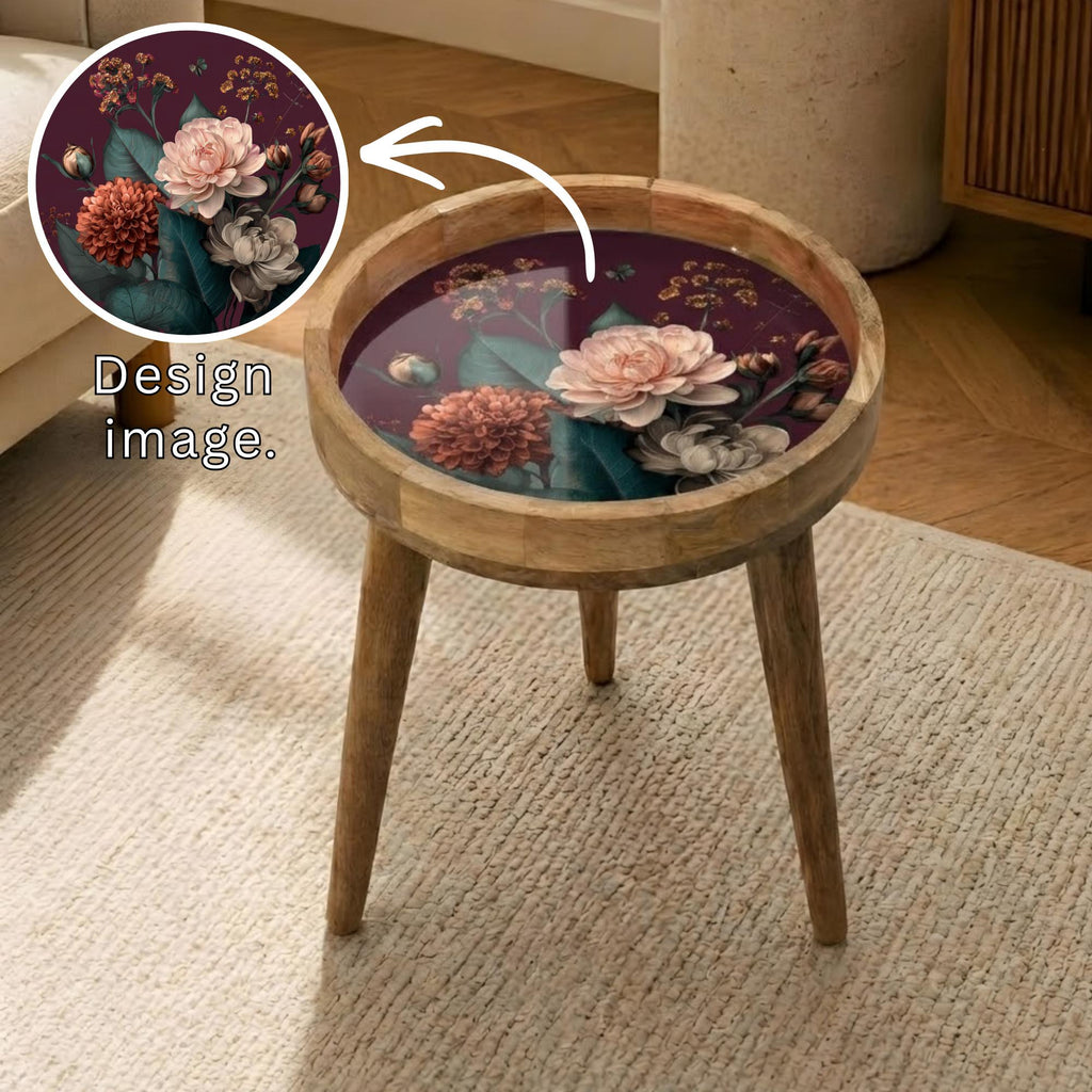 Handmade Mango Wood Floral Side Stand | Vintage Printed End Table | Round Accent Furniture
