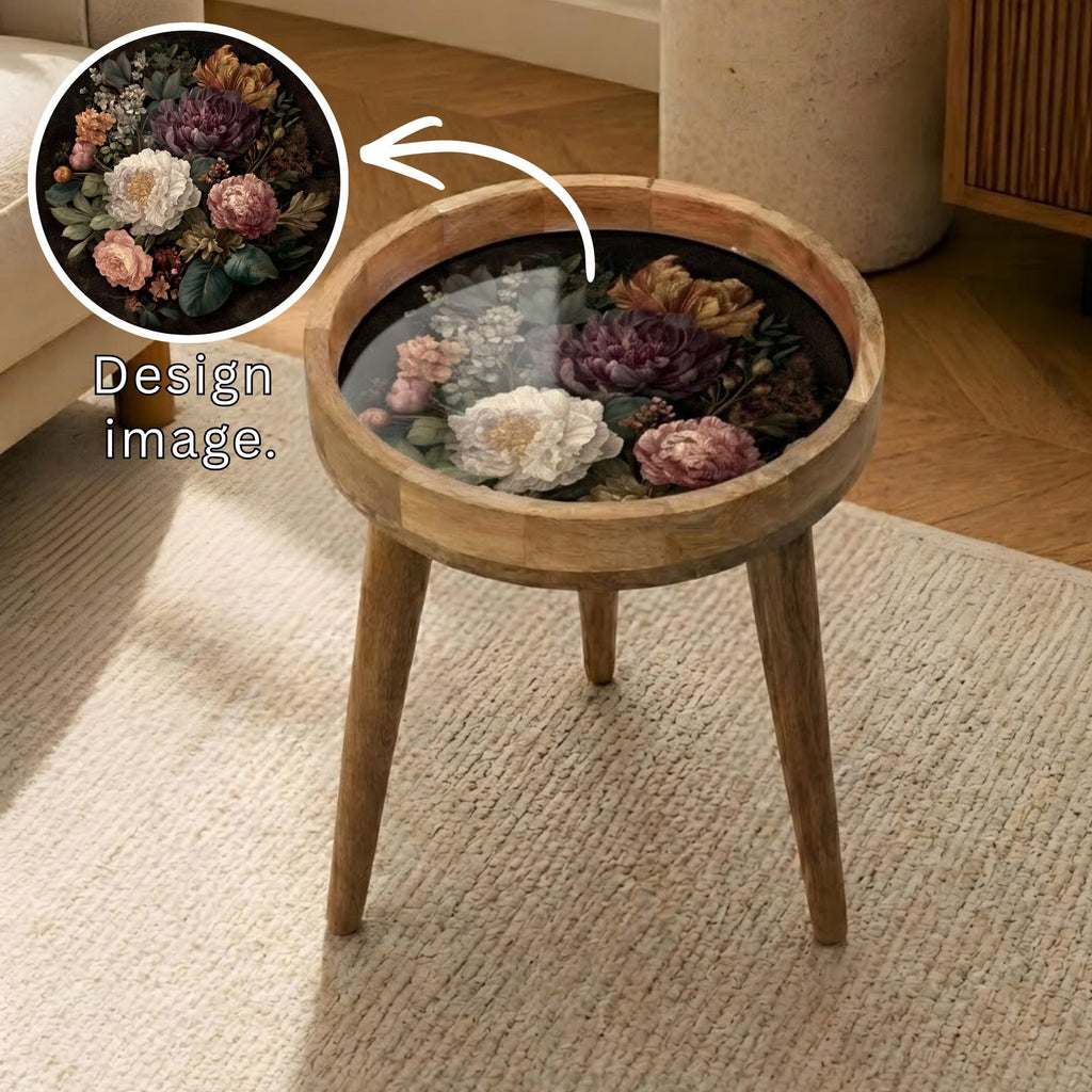 Handmade Mango Wood Vintage Floral Side Stand | Dark Printed End Table | Round Accent Furniture