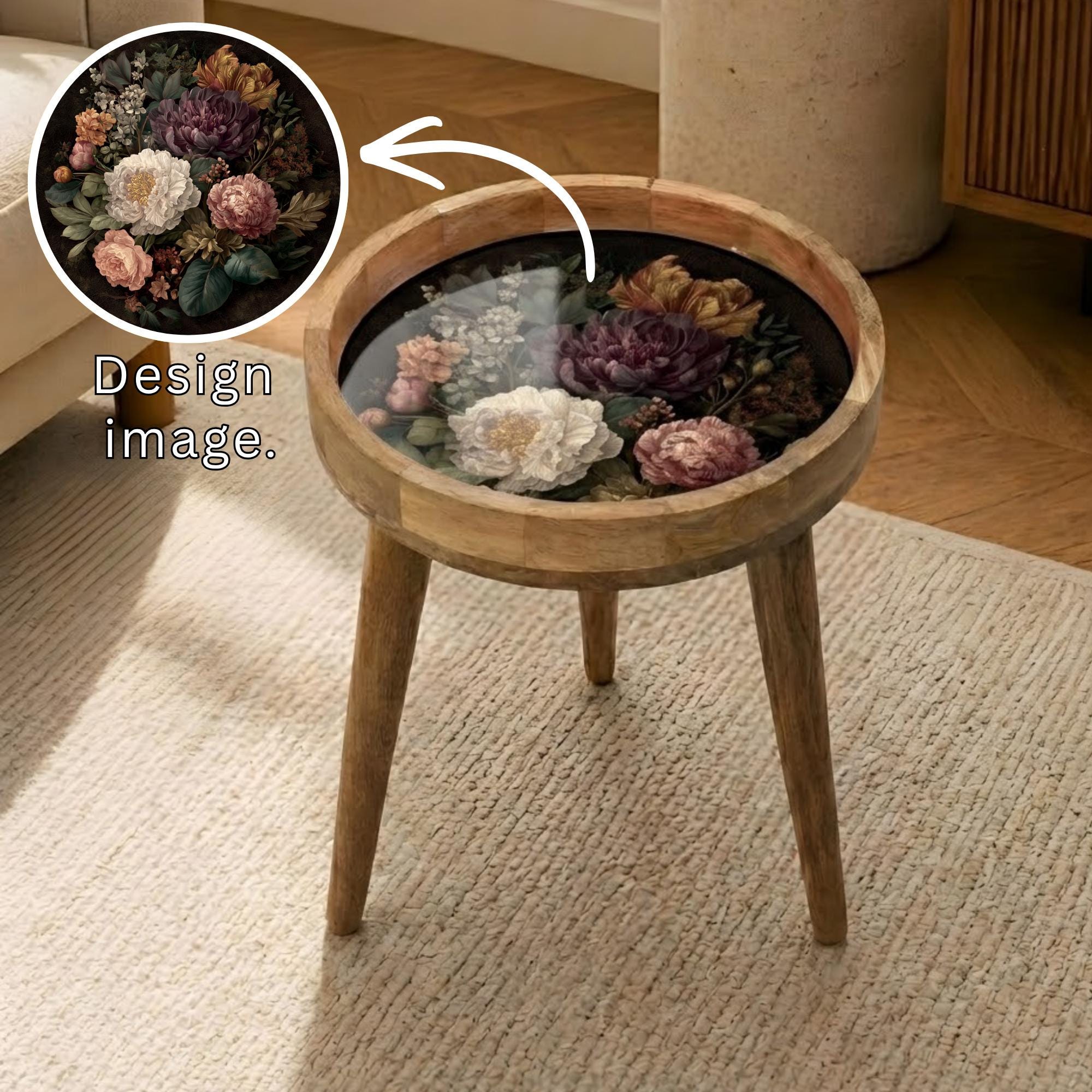 Handmade Mango Wood Vintage Floral Side Stand | Dark Printed End Table | Round Accent Furniture