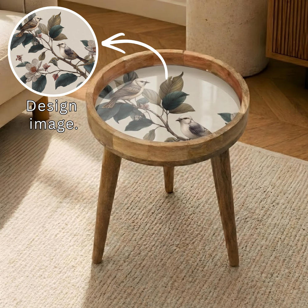 Handmade Mango Wood Bird Print Side Stand | Nature Printed End Table | Round Accent Furniture