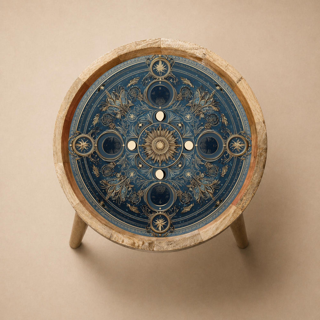 Handmade Mango Wood Mandala Side Stand | Blue Printed End Table | Round Accent Furniture