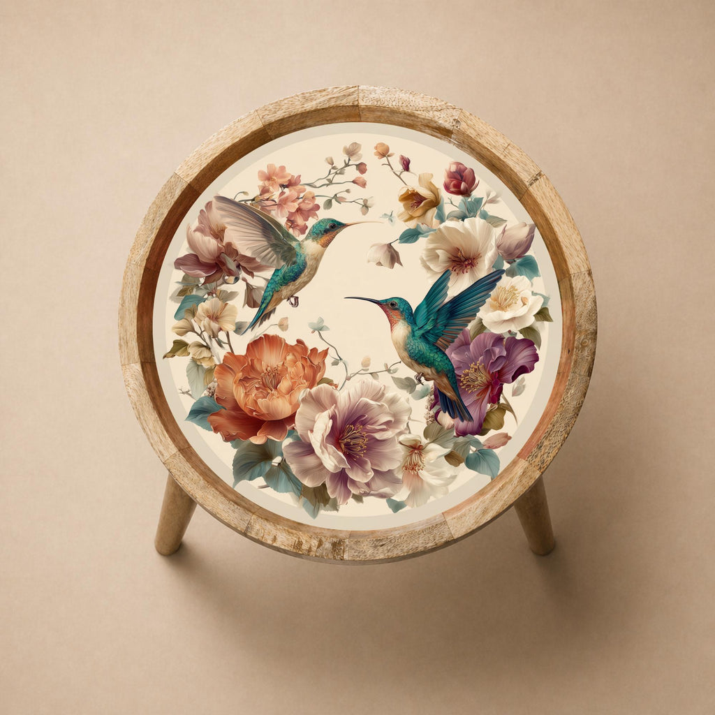Handmade Mango Wood Hummingbird Side Stand | Floral Printed End Table | Round Accent Furniture