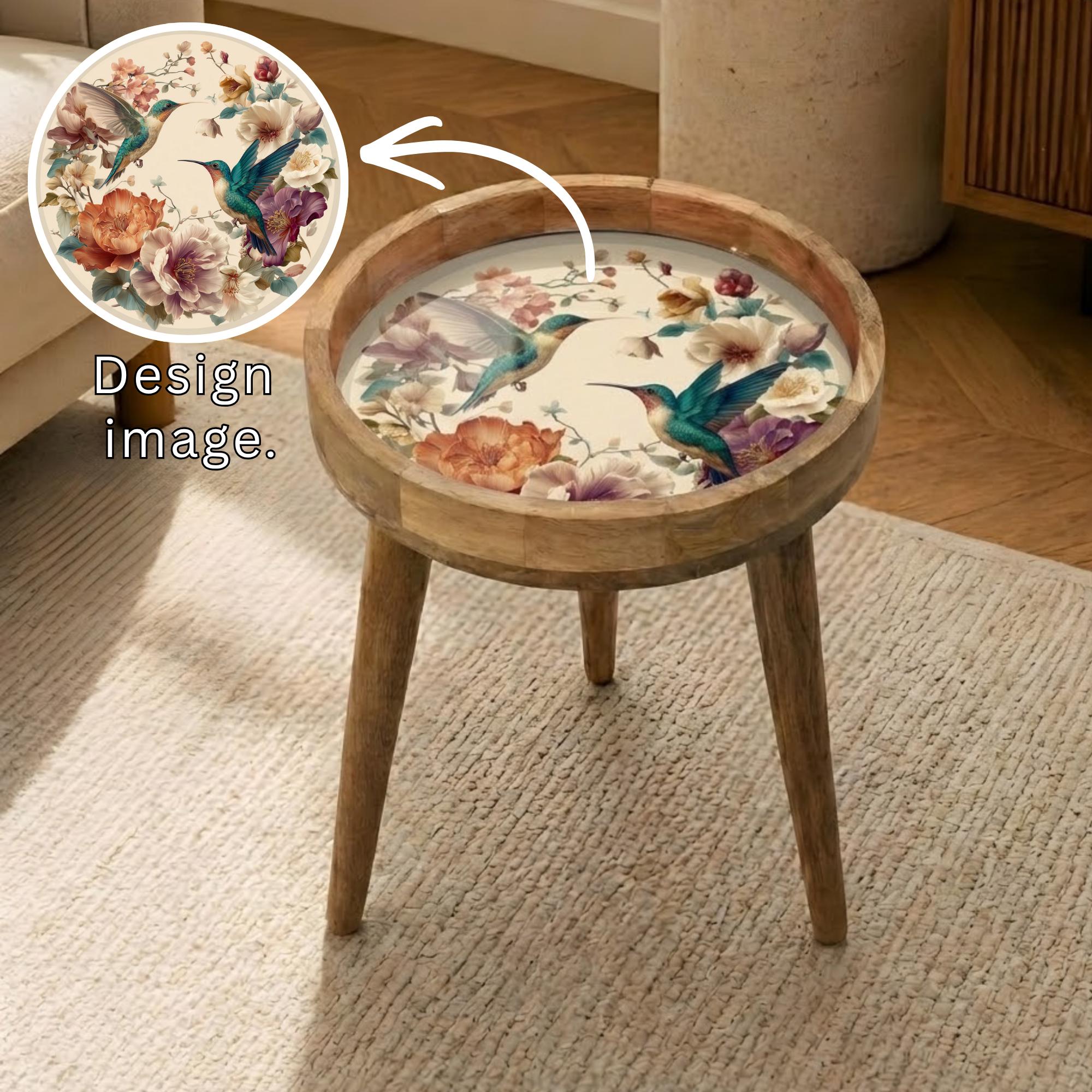 Handmade Mango Wood Hummingbird Side Stand | Floral Printed End Table | Round Accent Furniture