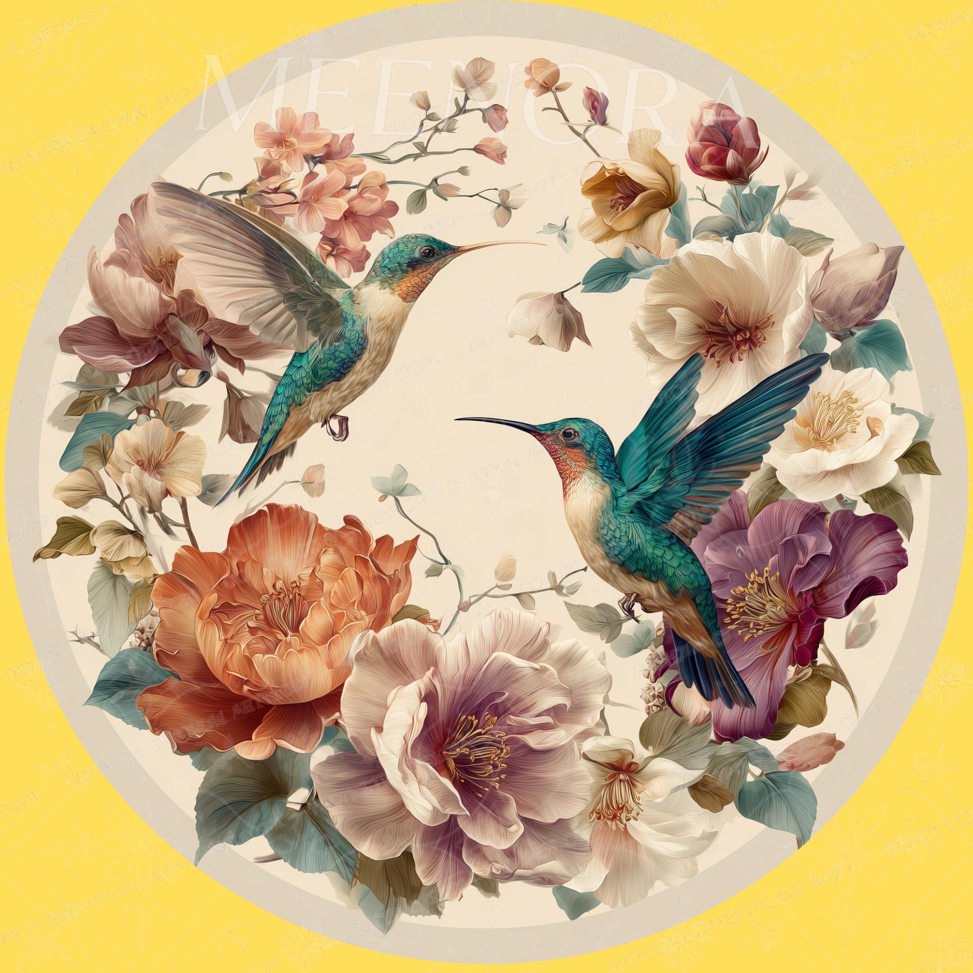 Handmade Mango Wood Hummingbird Side Stand | Floral Printed End Table | Round Accent Furniture