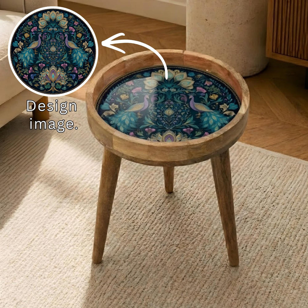 Handmade Mango Wood Butterfly Side Stand | Floral Printed End Table | Round Accent Furniture