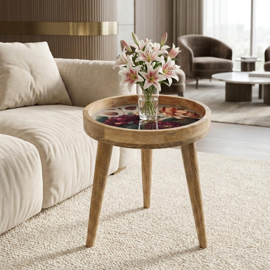 Printed Mango Wood Side Table | Handmade Waterproof Accent Furniture | Floral Design