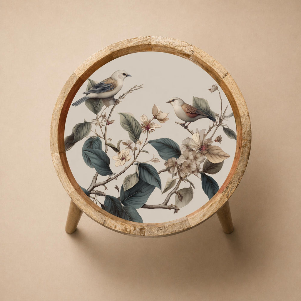Printed Mango Wood Side Table | Handmade Waterproof Accent Furniture | Bird Floral Design