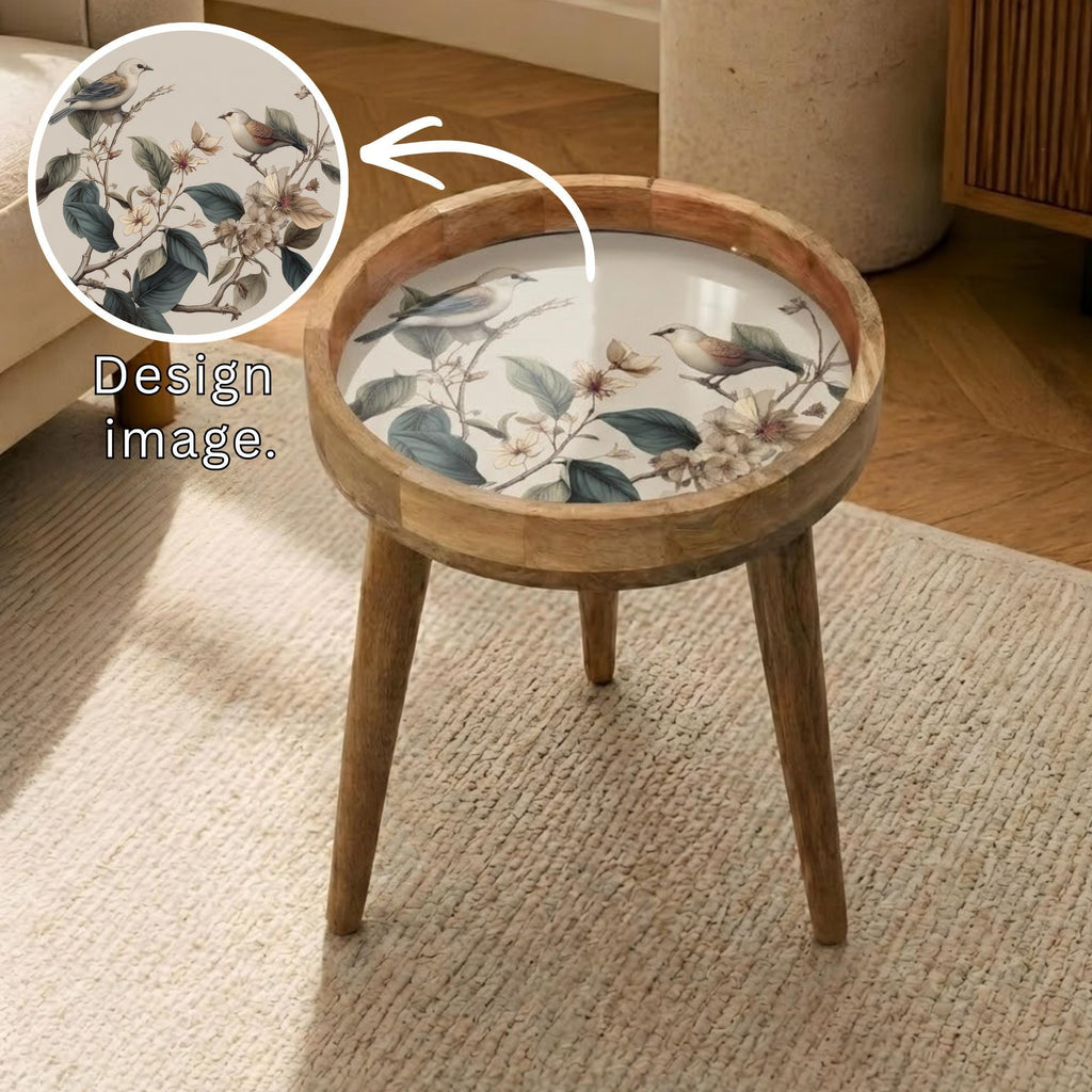 Printed Mango Wood Side Table | Handmade Waterproof Accent Furniture | Bird Floral Design
