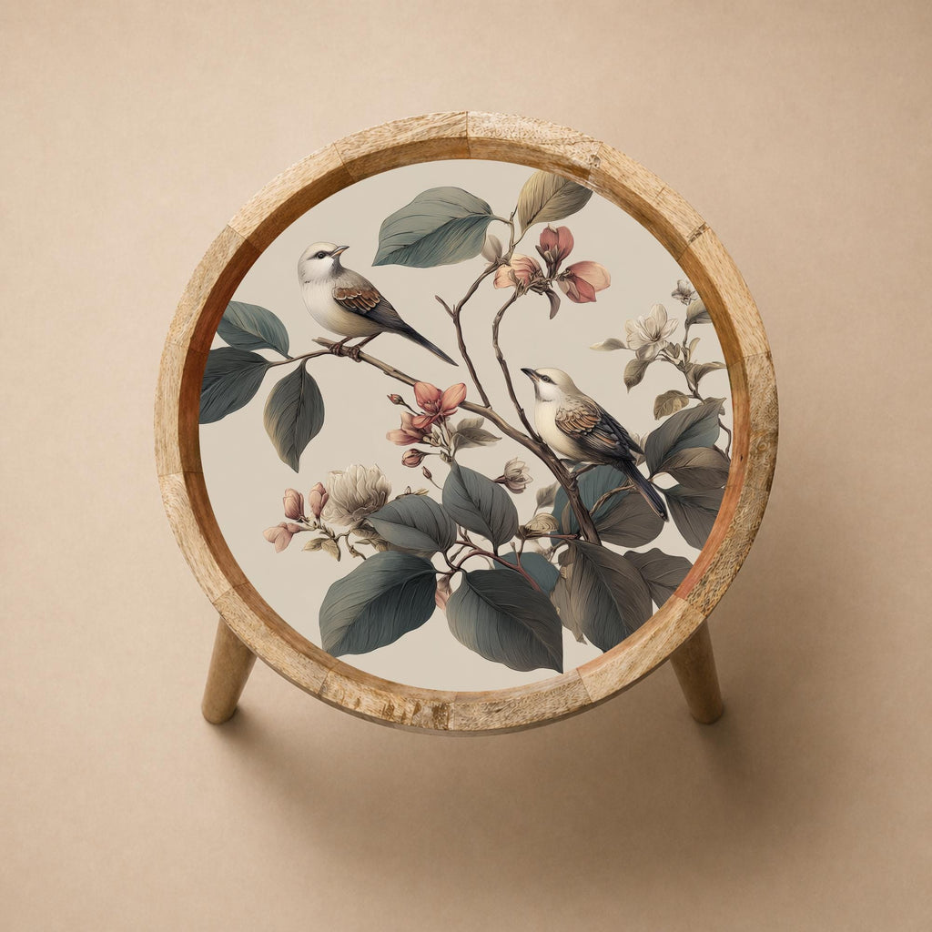 Printed Mango Wood Side Table | Handmade Waterproof Accent Furniture | Bird Art