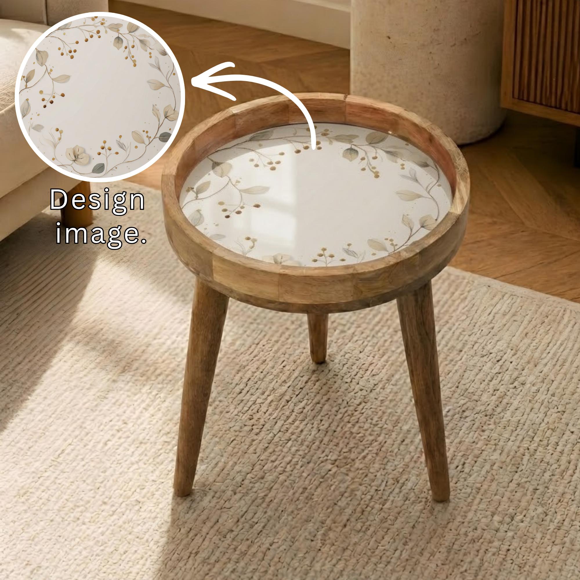 Printed Mango Wood Side Table | Handmade Waterproof Accent Furniture | Minimal Floral