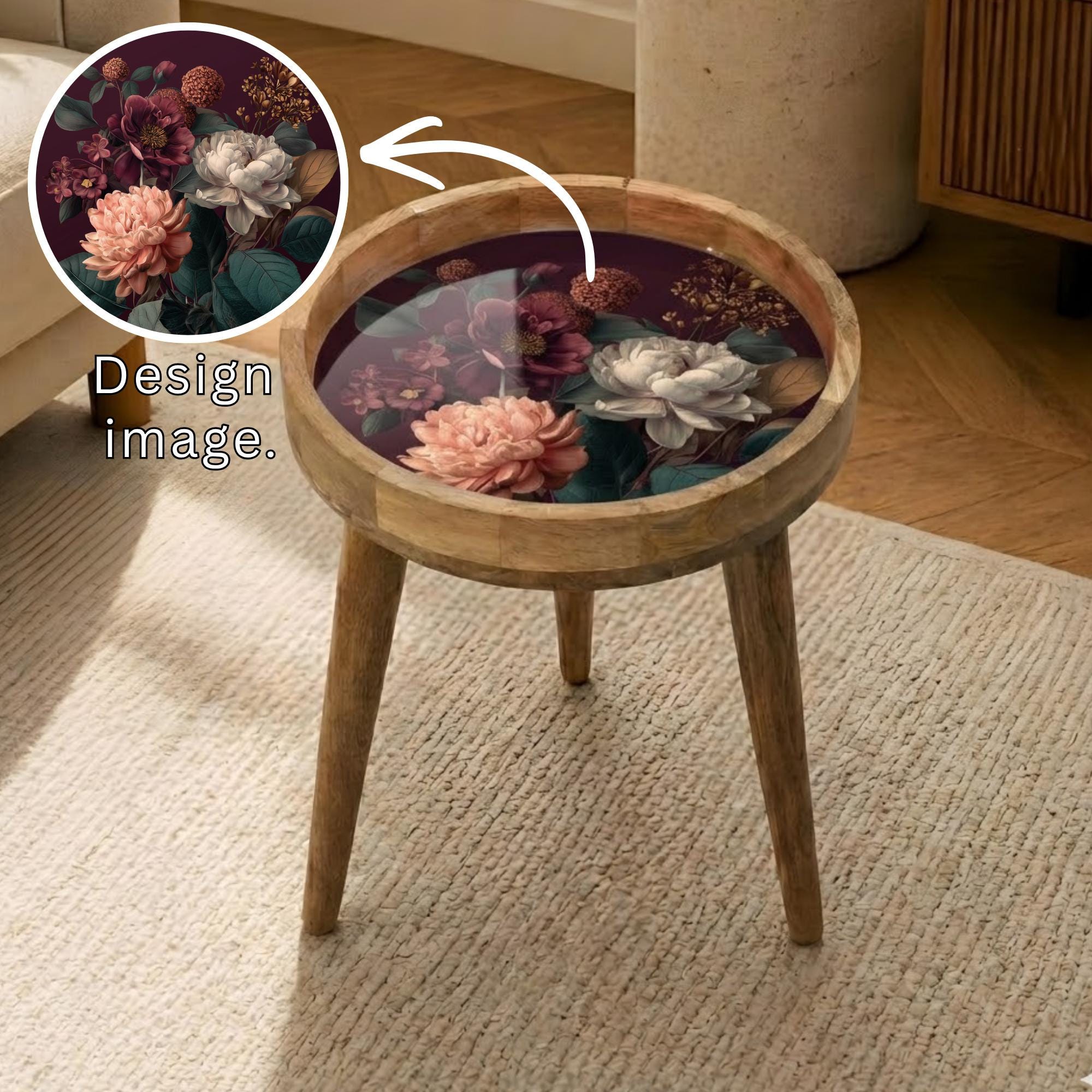 Printed Mango Wood Side Table | Floral Boho Accent Table | Waterproof Living Room Decor