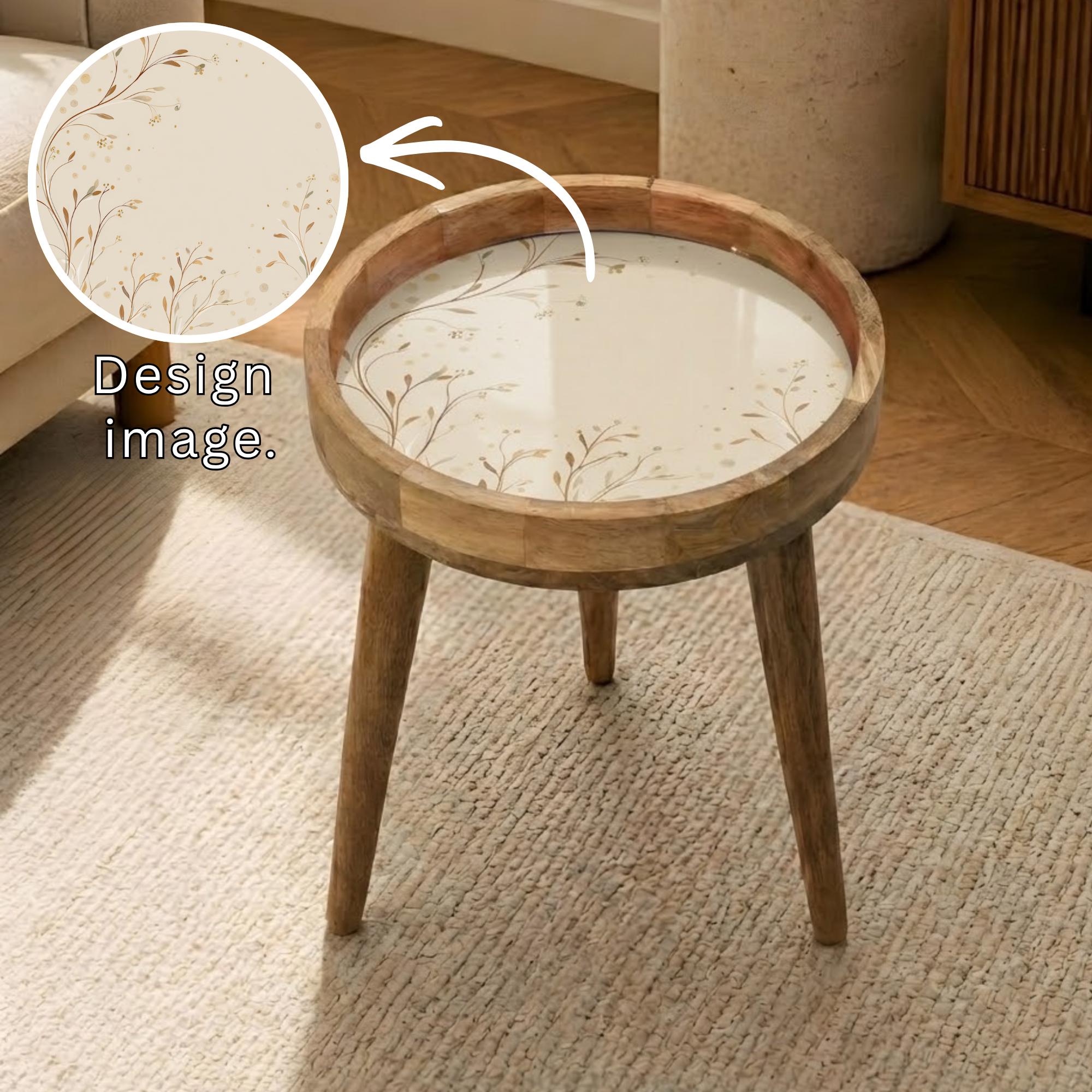 Printed Mango Wood Side Table | Minimal Floral Accent Table | Boho Living Room Decor
