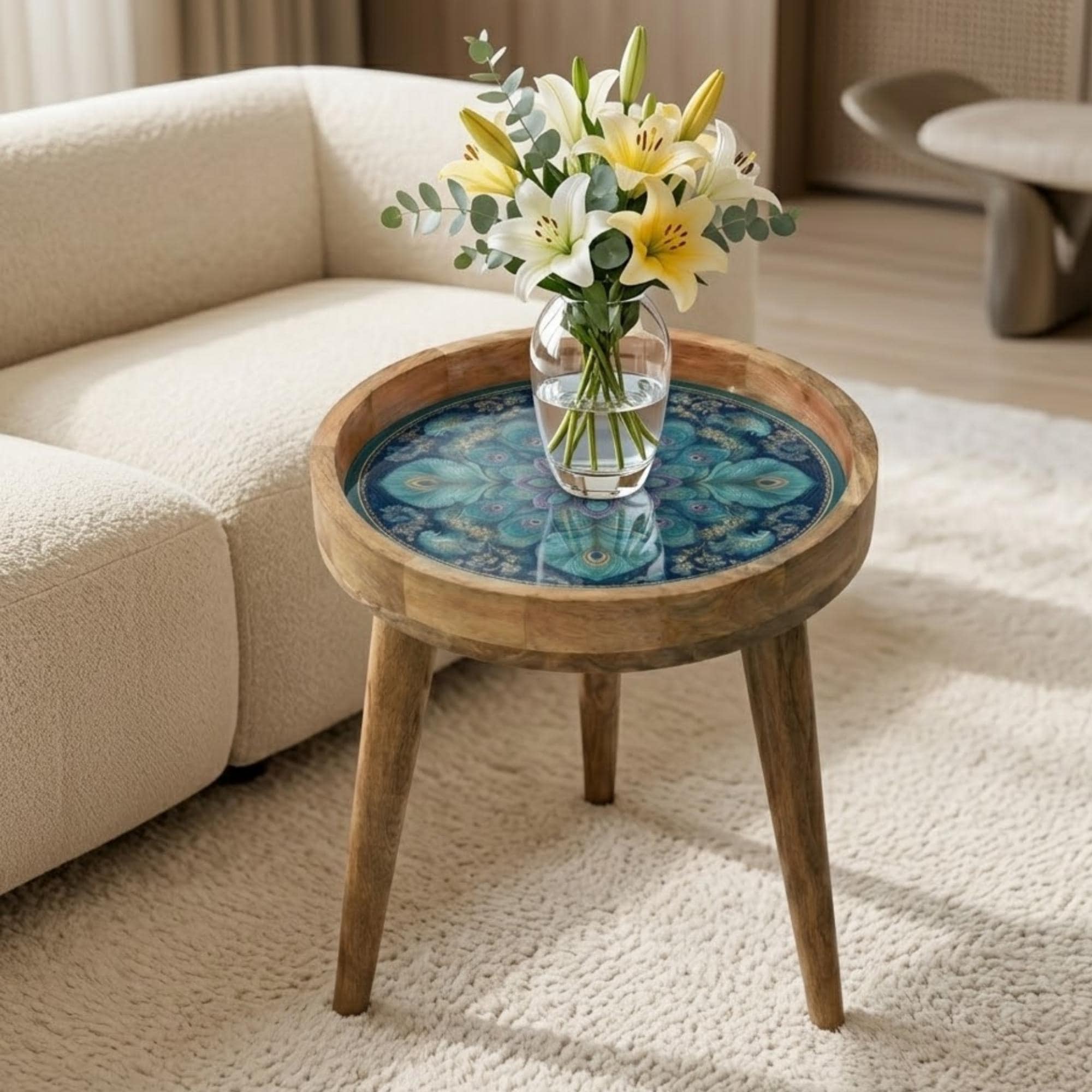 Printed Mango Wood Side Table | Mandala Boho Accent Table | Waterproof Floral Decor Furniture