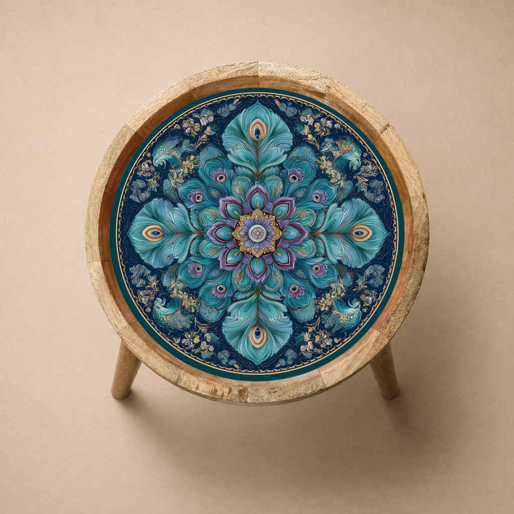 Printed Mango Wood Side Table | Mandala Boho Accent Table | Waterproof Floral Decor Furniture