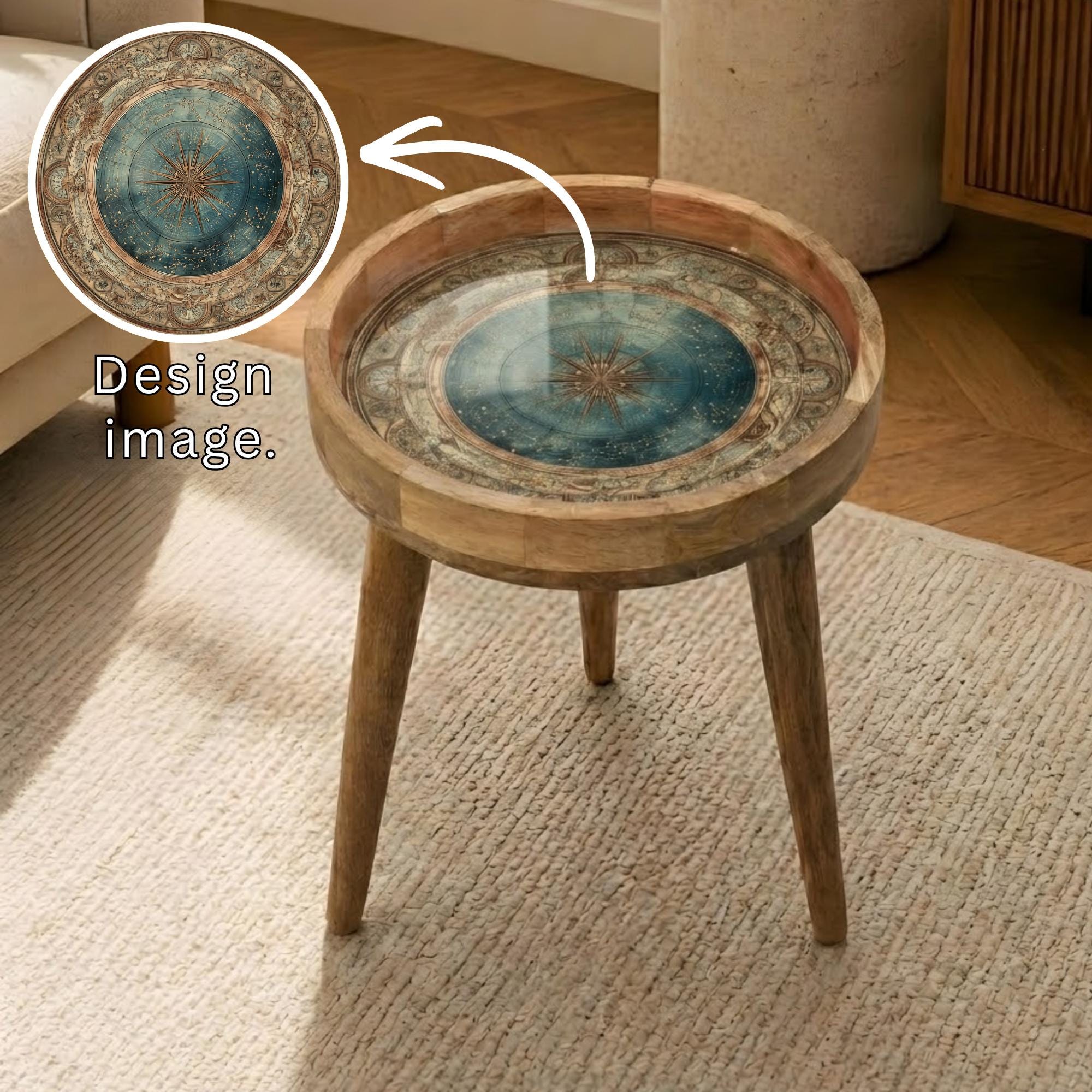 Printed Mango Wood Side Table | Mandala Floral Accent, Boho Coffee Table