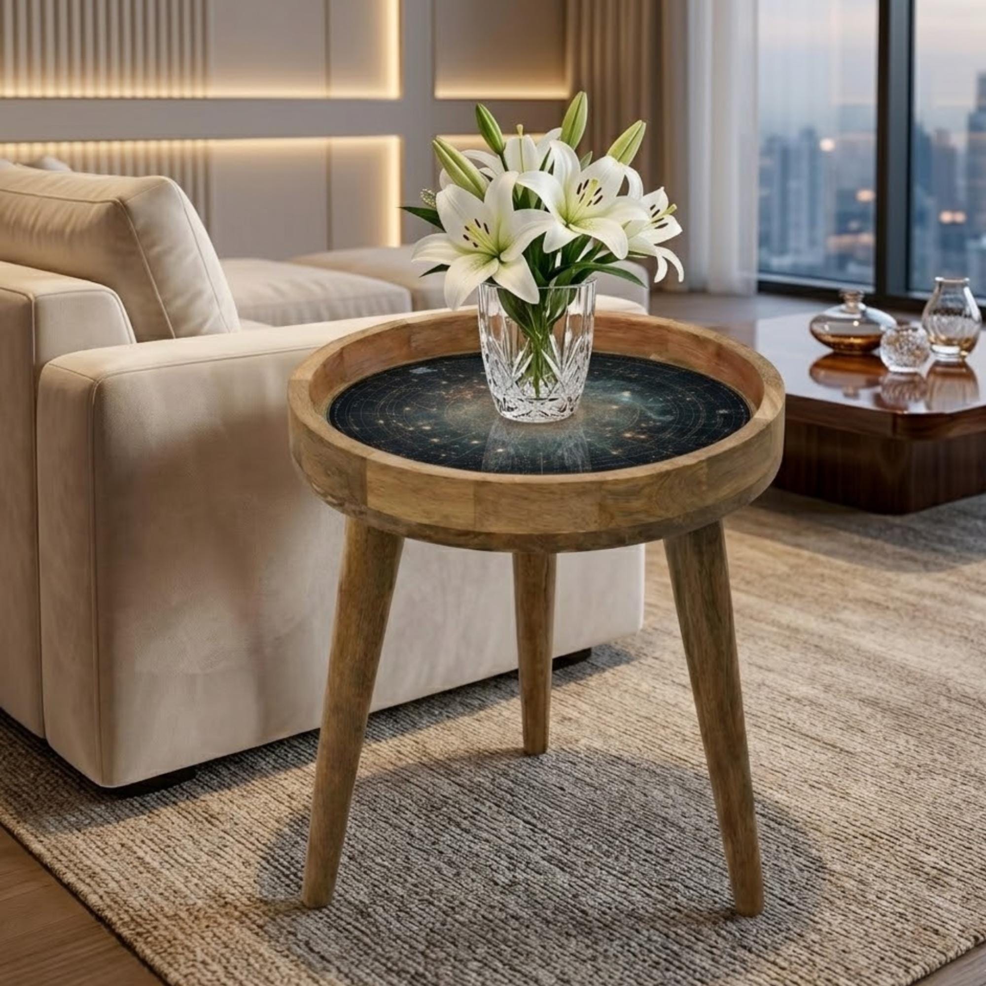 Printed Mango Wood Side Table | Round Galaxy Accent Table | Handmade Nightstand Decor