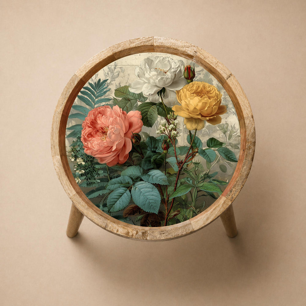 Floral Mango Wood Side Table | Vintage Round Boho Accent Furniture