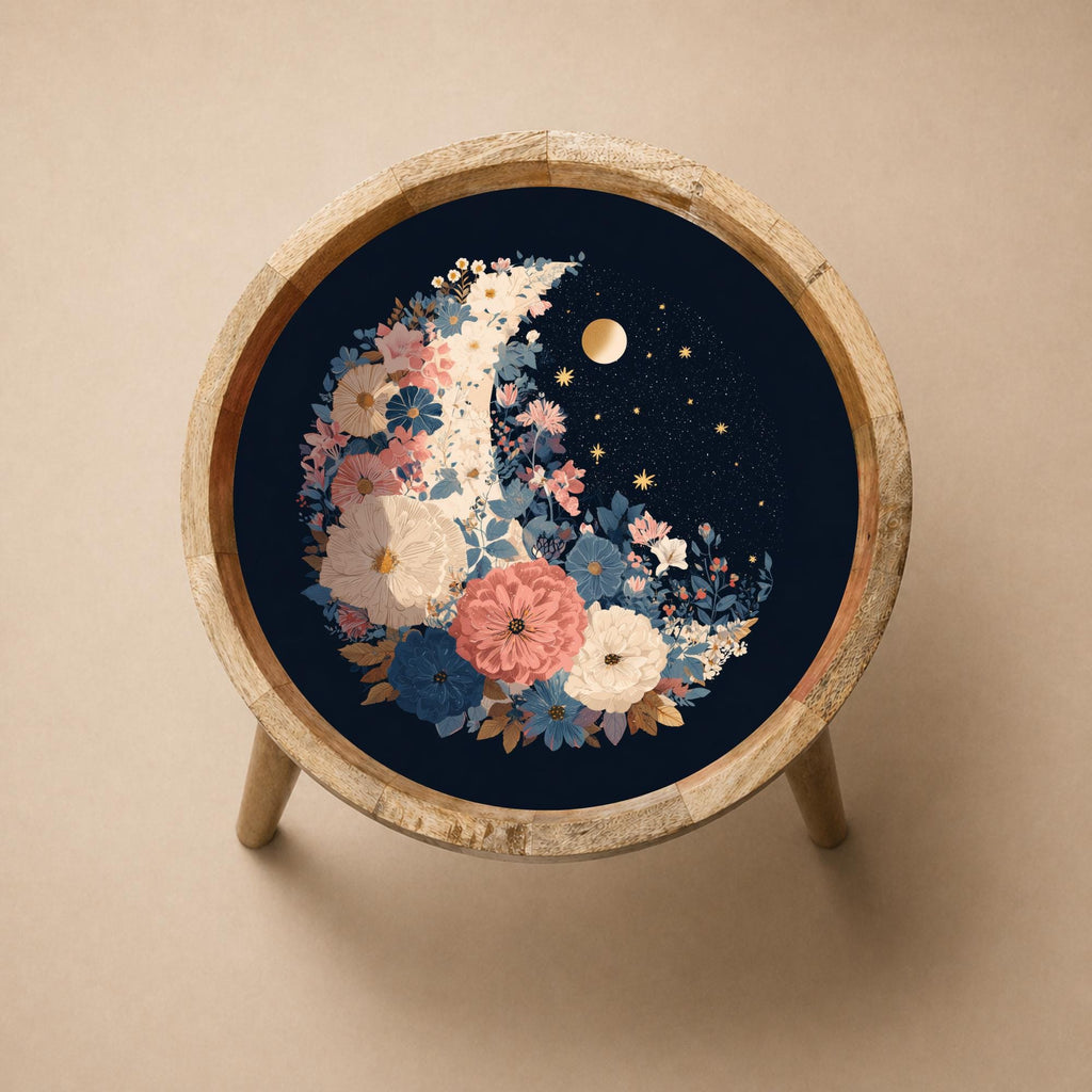 Moon Floral Mango Wood Side Table | Celestial Boho Accent Nightstand