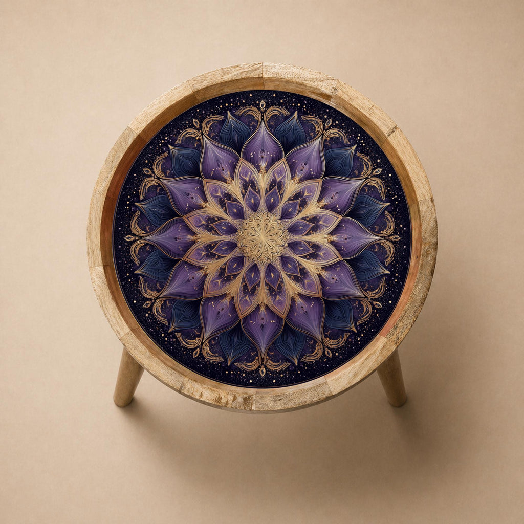 Mandala Printed Mango Wood Side Table | Boho Lotus Spiritual Accent Furniture