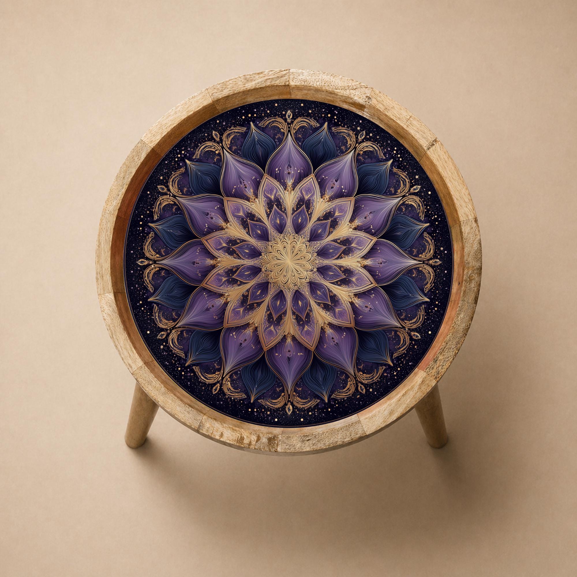 Mandala Printed Mango Wood Side Table | Boho Lotus Spiritual Accent Furniture