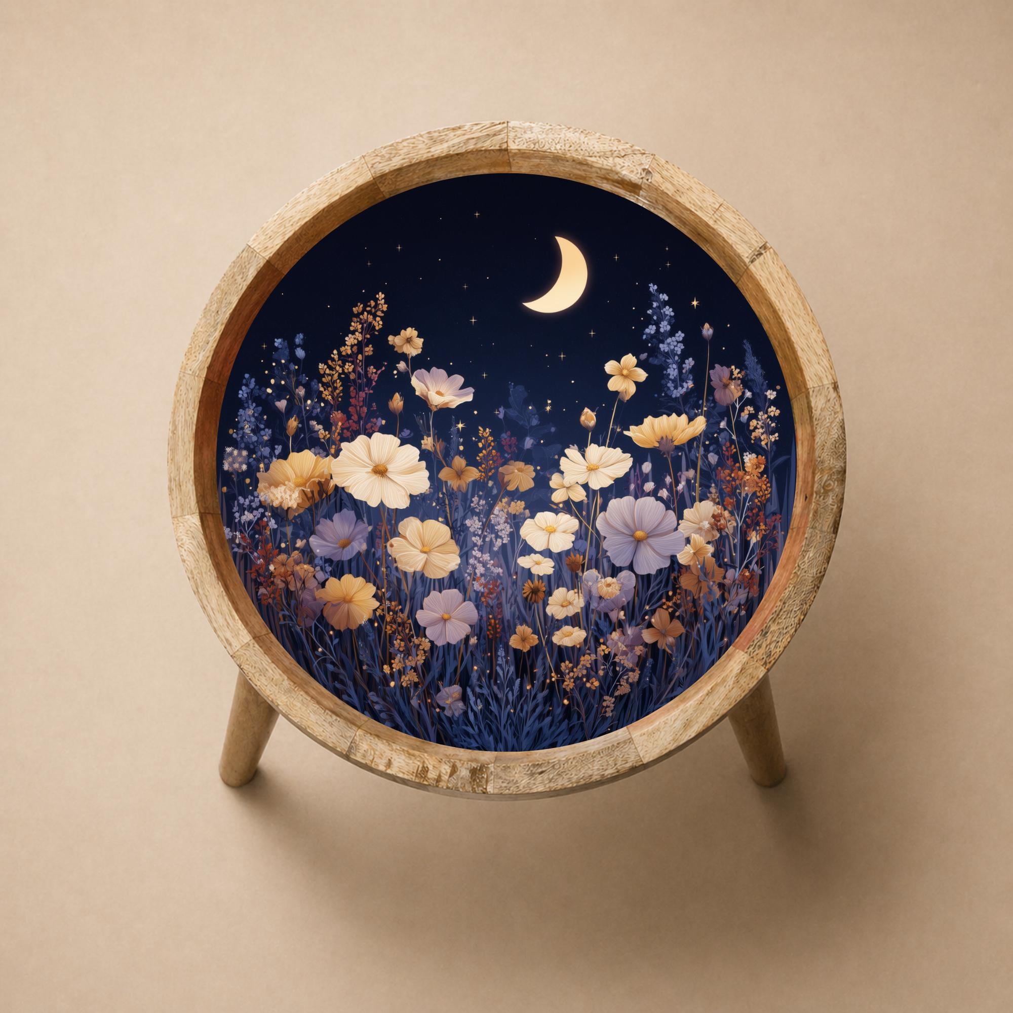Moonlight Floral Mango Wood Side Table | Celestial Boho Accent Furniture