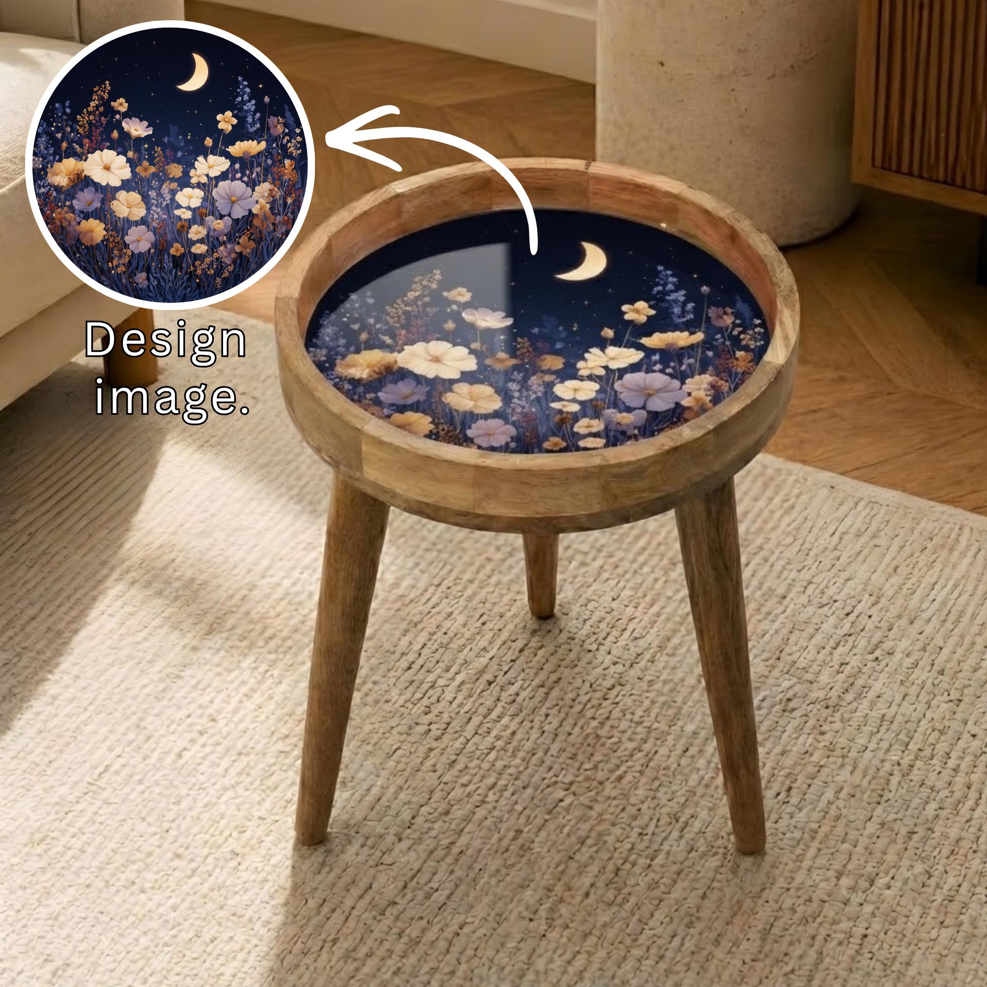 Moonlight Floral Mango Wood Side Table | Celestial Boho Accent Furniture