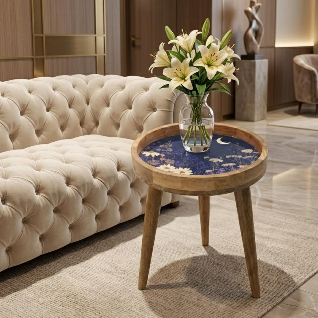 Abstract Floral Mango Wood Side Table | Round Minimalist Accent Furniture