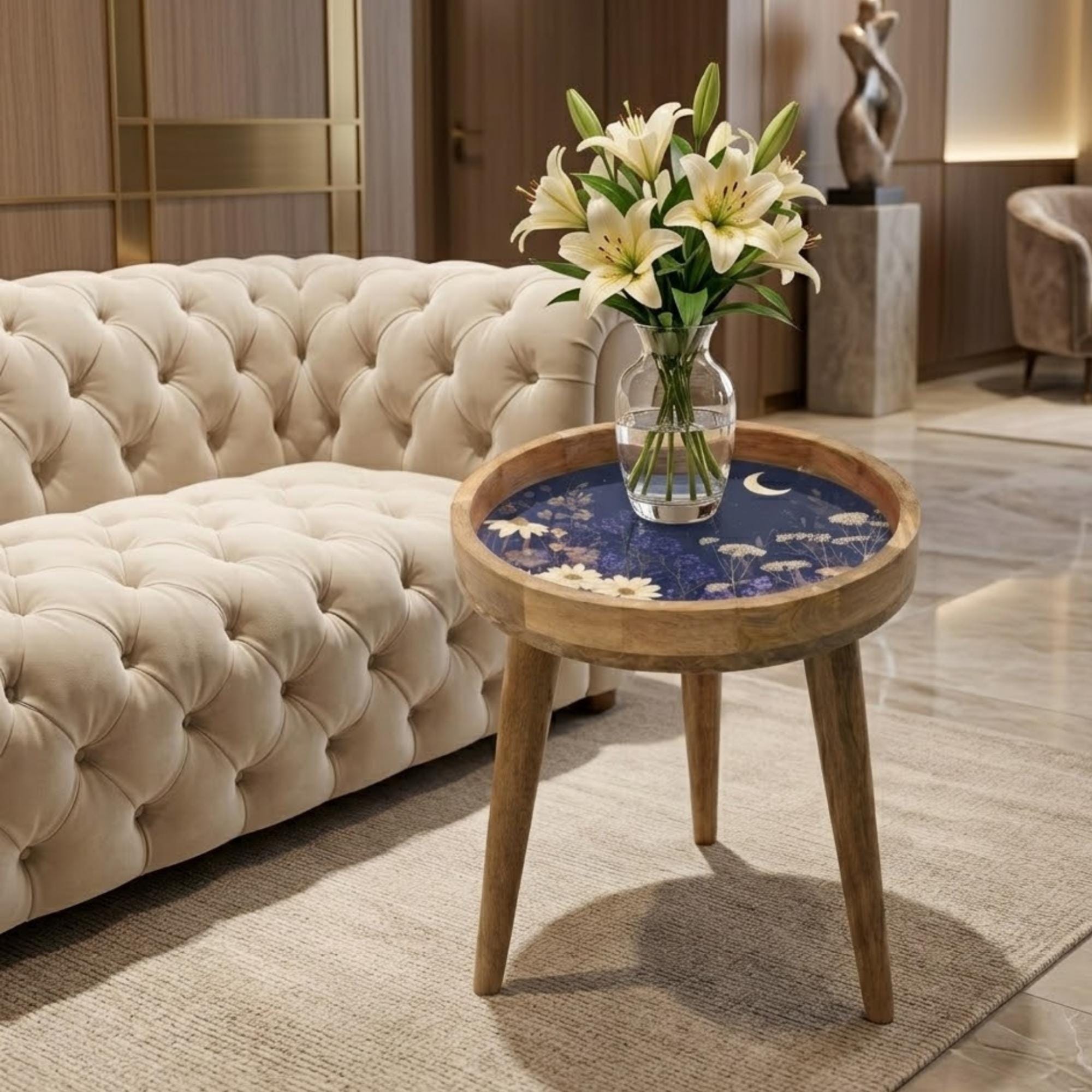 Abstract Floral Mango Wood Side Table | Round Minimalist Accent Furniture