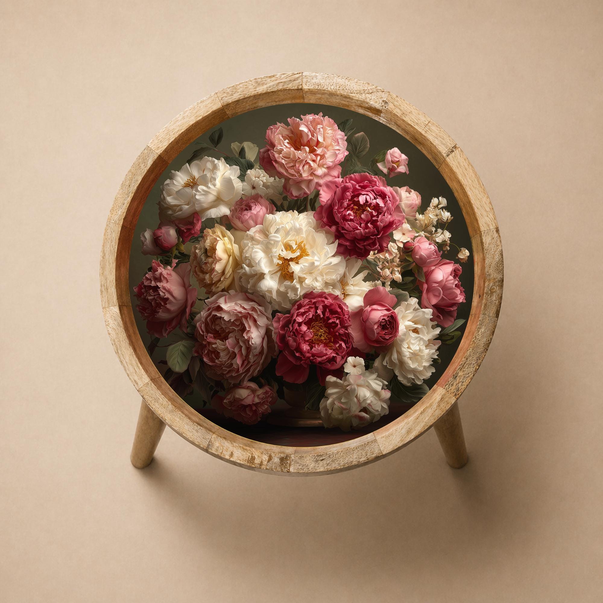Printed Mango Wood Round Side Table | Handmade Modern Accent Furniture