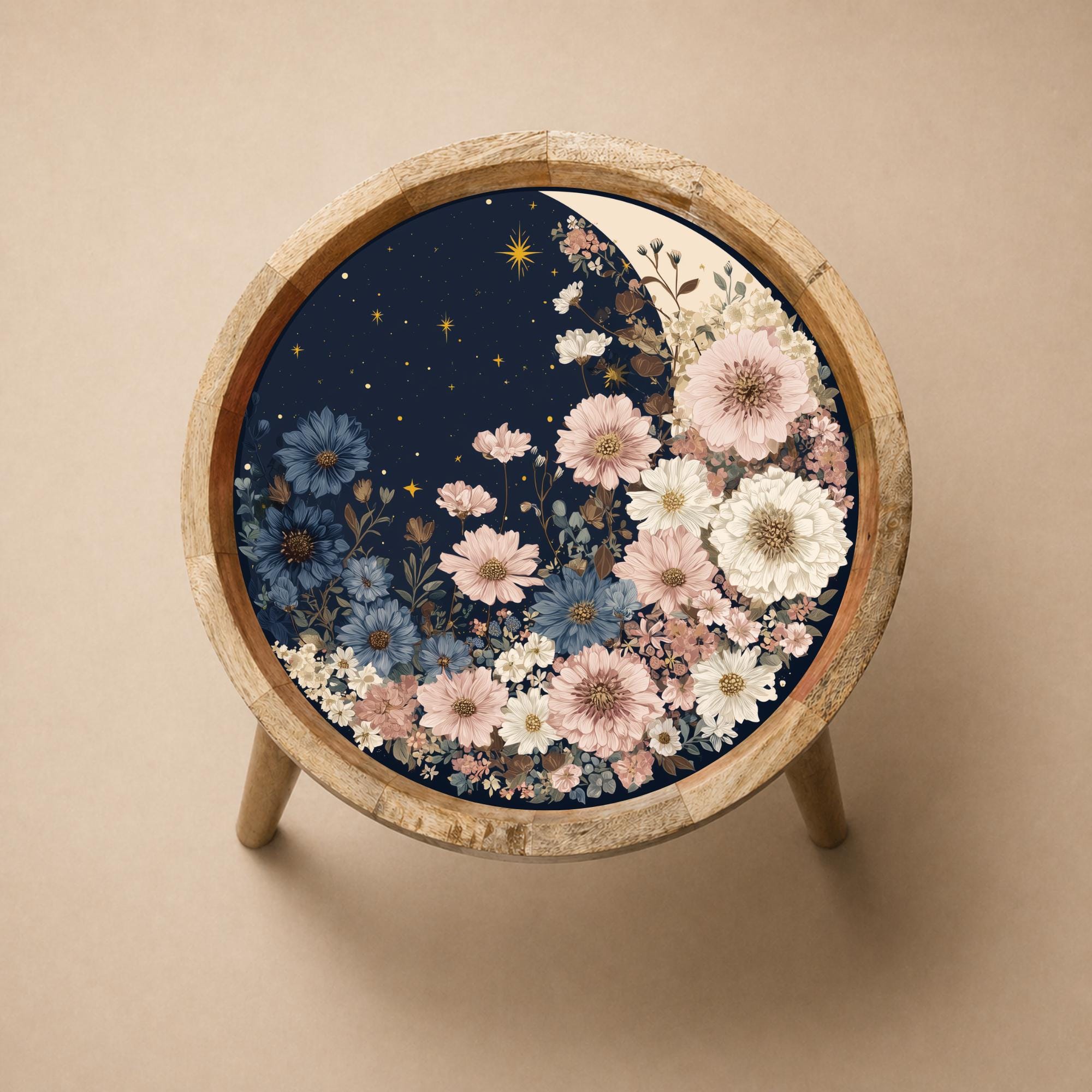 Floral Night Mango Wood Side Table | Celestial Boho Round Accent Furniture