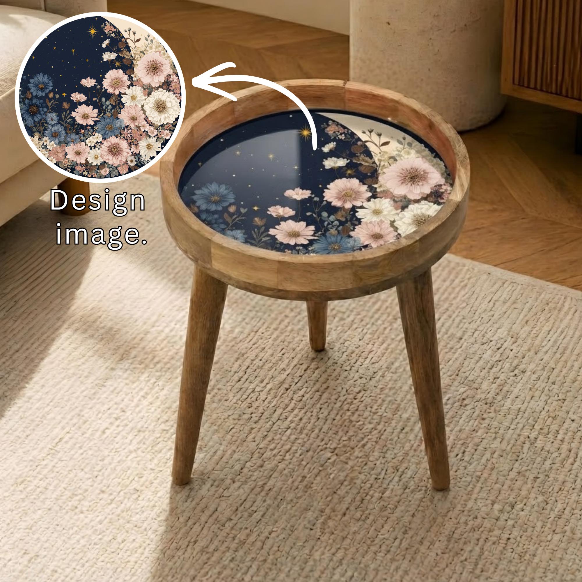 Floral Night Mango Wood Side Table | Celestial Boho Round Accent Furniture