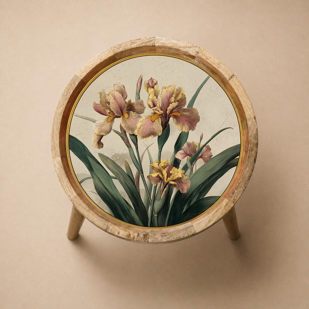 Iris Floral Mango Wood Side Table | Botanical Round End Table | Boho Decor