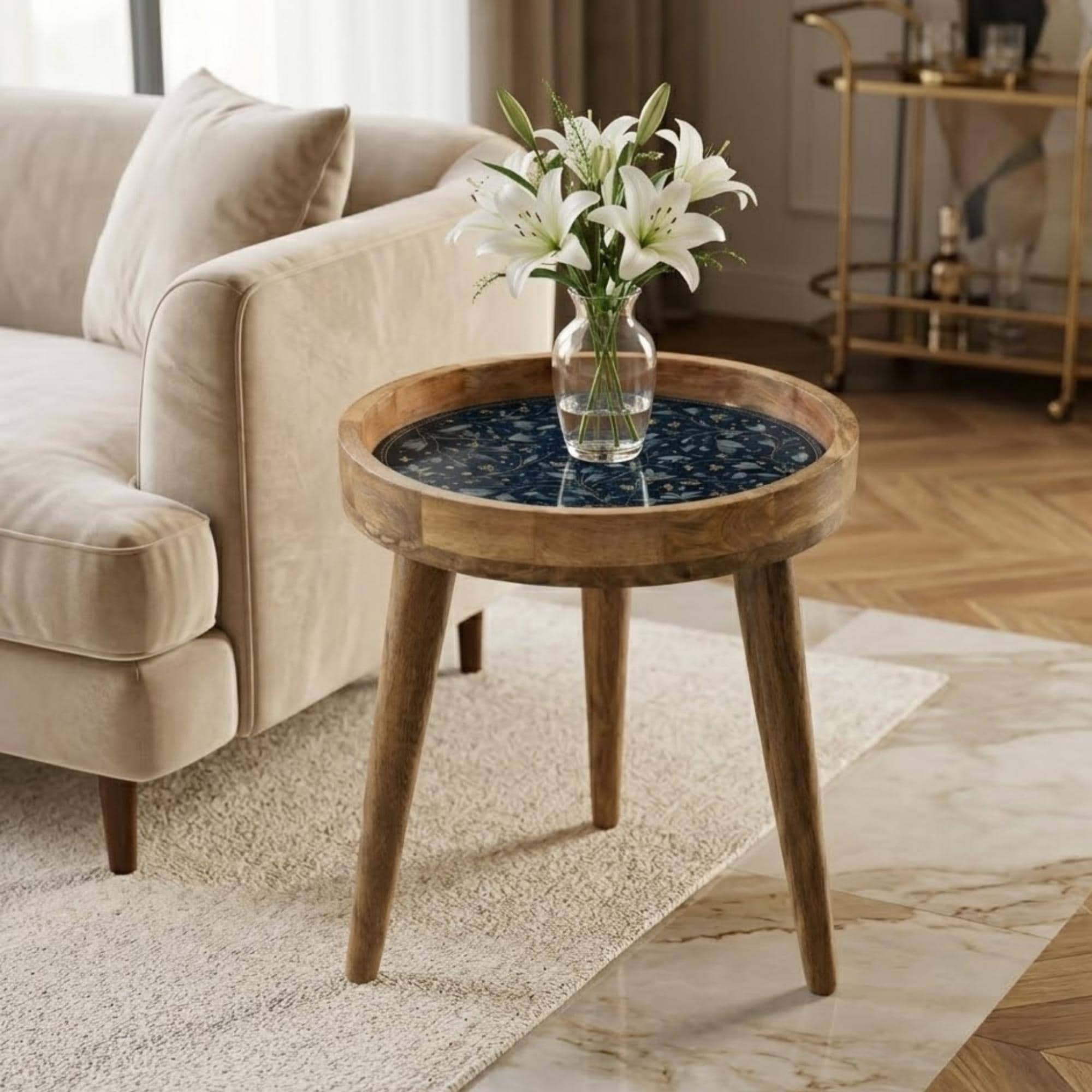 Floral Starry Mango Wood Side Table | Botanical Nightstand, Celestial Accent Furniture