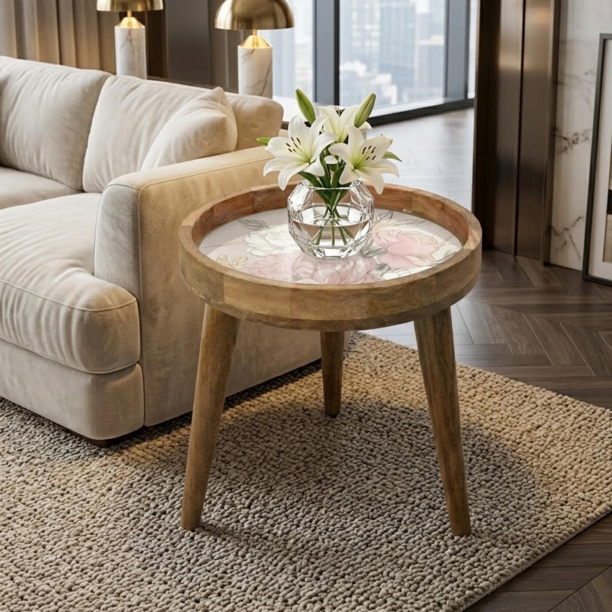 Peony Floral Mango Wood Side Table | Soft Pink Botanical Accent Table | Boho Handmade Decor