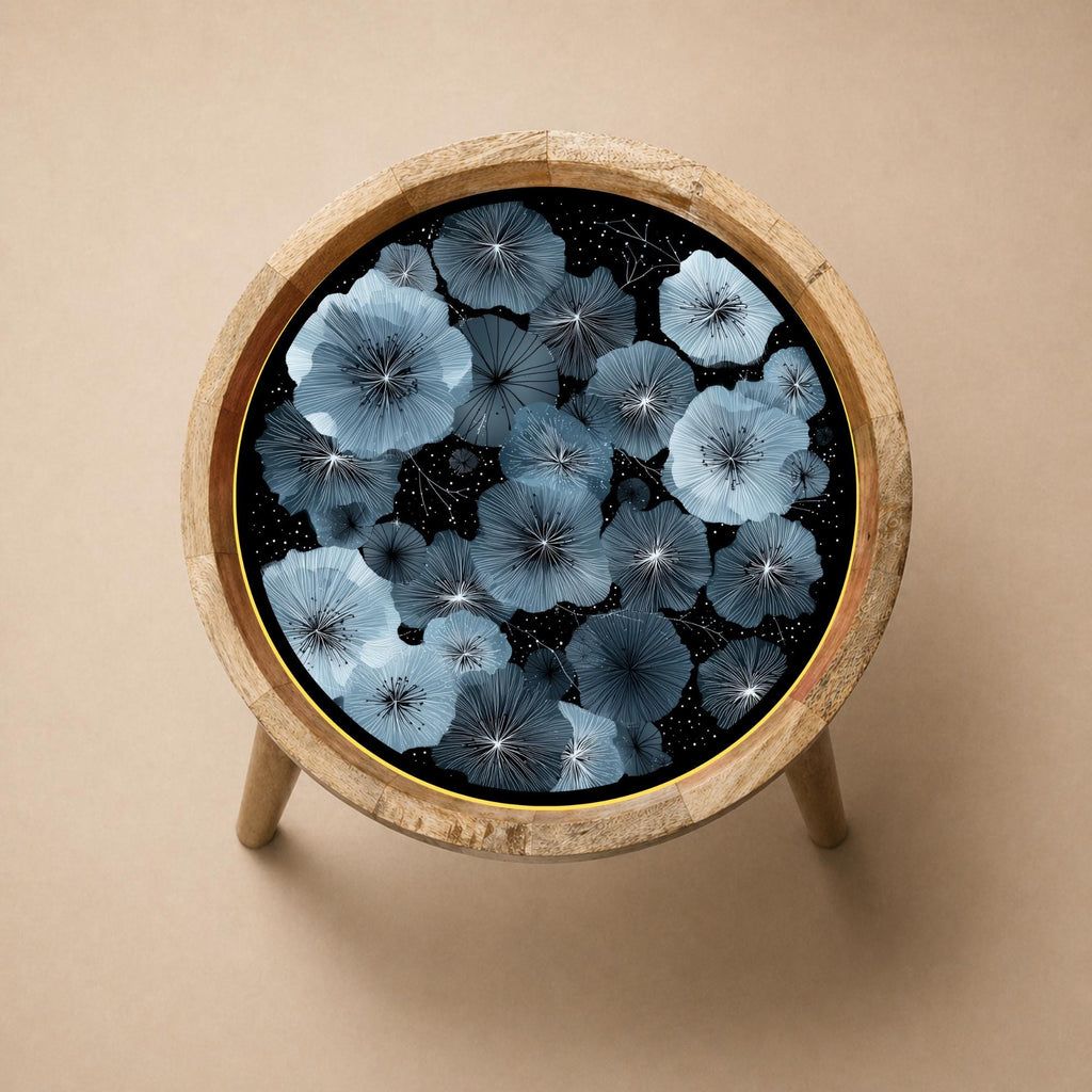 Blue Floral Mango Wood Side Table | Modern Botanical Round Accent Furniture