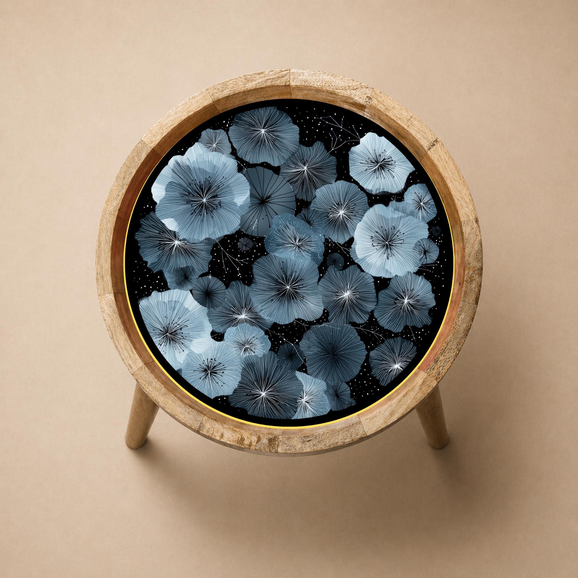 Blue Floral Mango Wood Side Table | Modern Botanical Round Accent Furniture