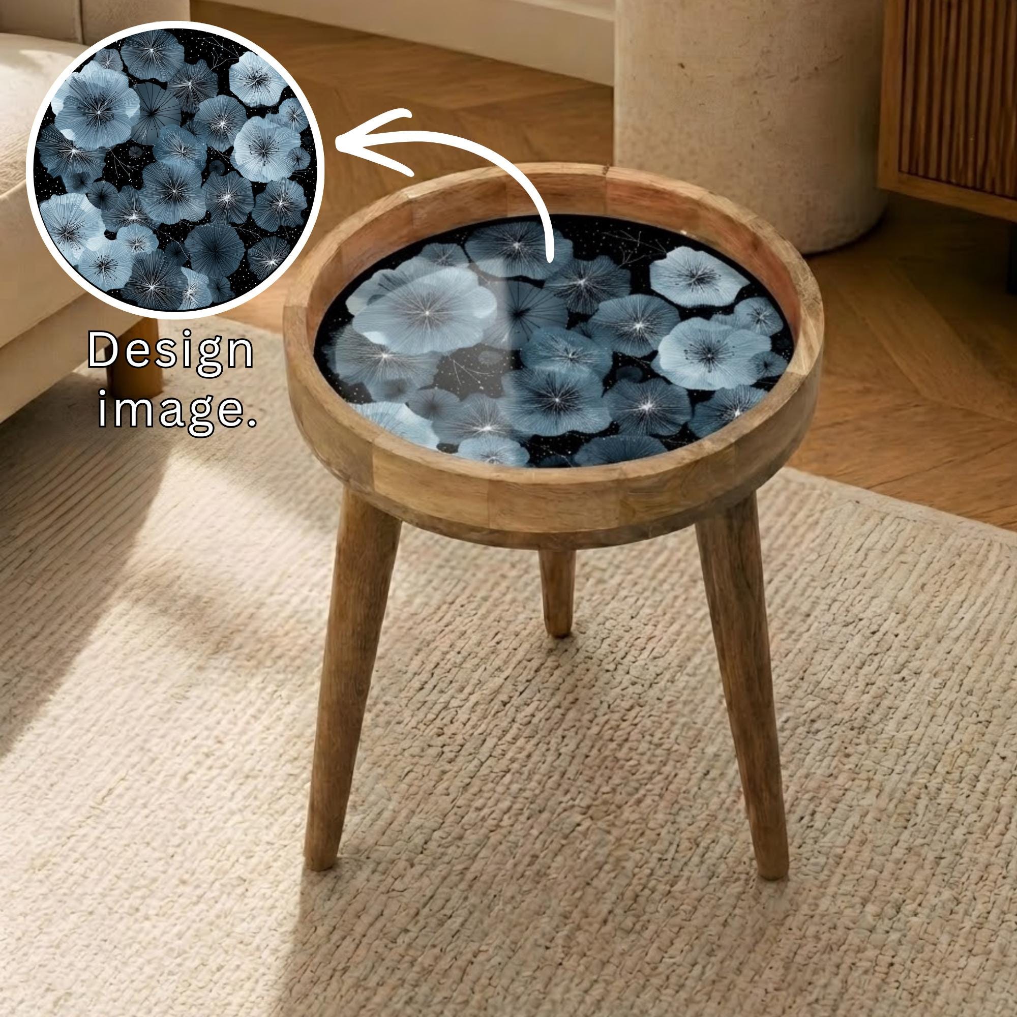 Blue Floral Mango Wood Side Table | Modern Botanical Round Accent Furniture