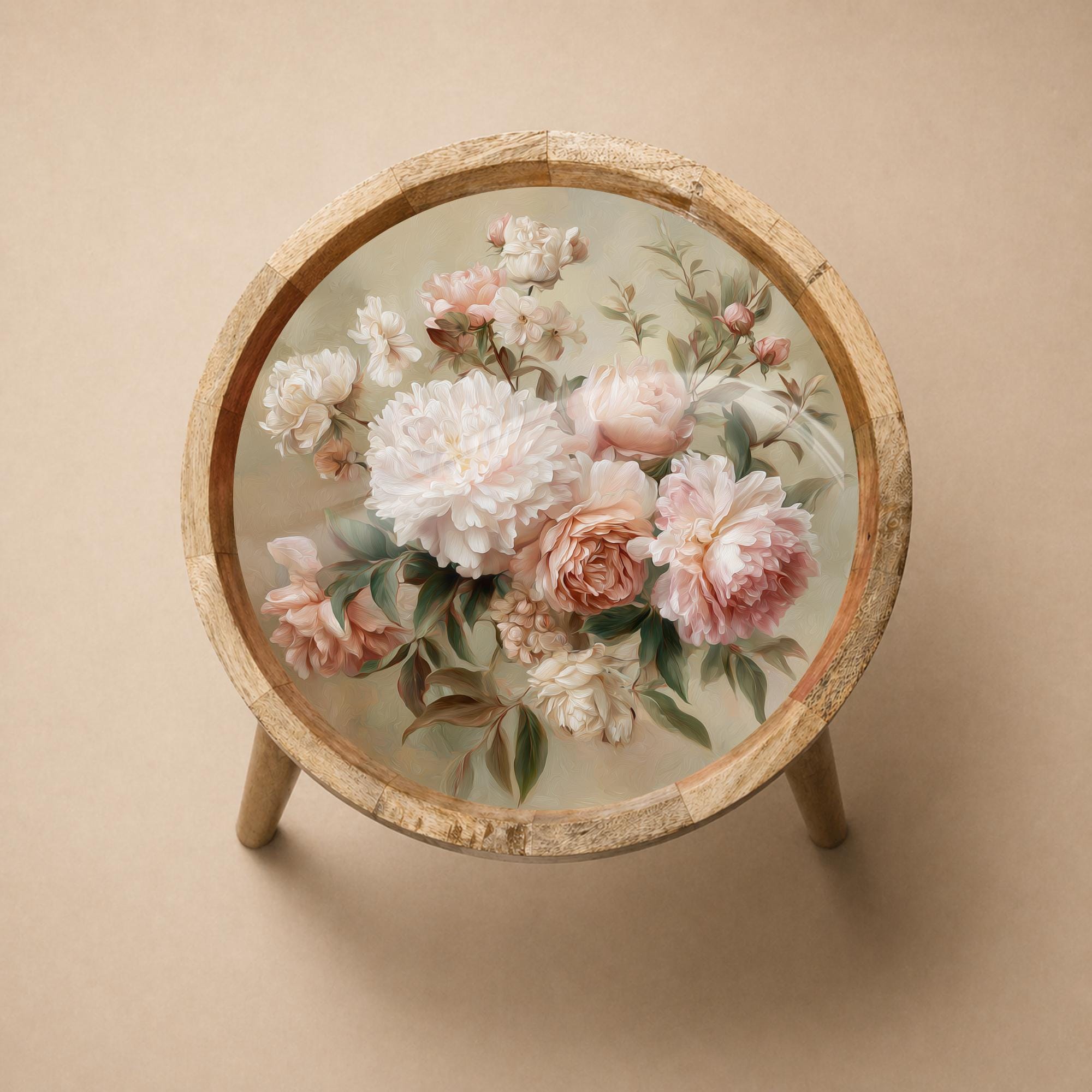 Peony Rose Mango Wood Side Table | Vintage Floral Round Accent Table | Boho Furniture Decor