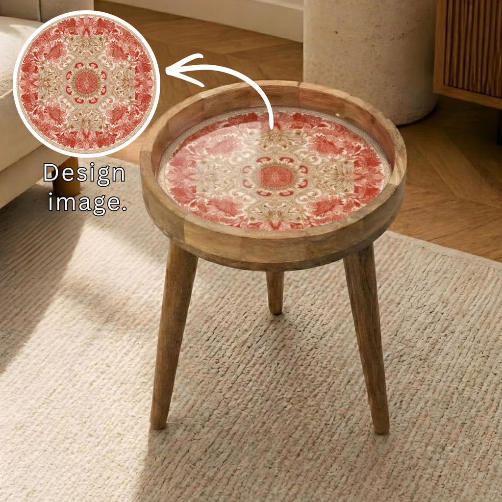 Mandala Printed Mango Wood Side Table | Red Boho Round Accent Table