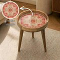 Mandala Printed Mango Wood Side Table | Red Boho Round Accent Table