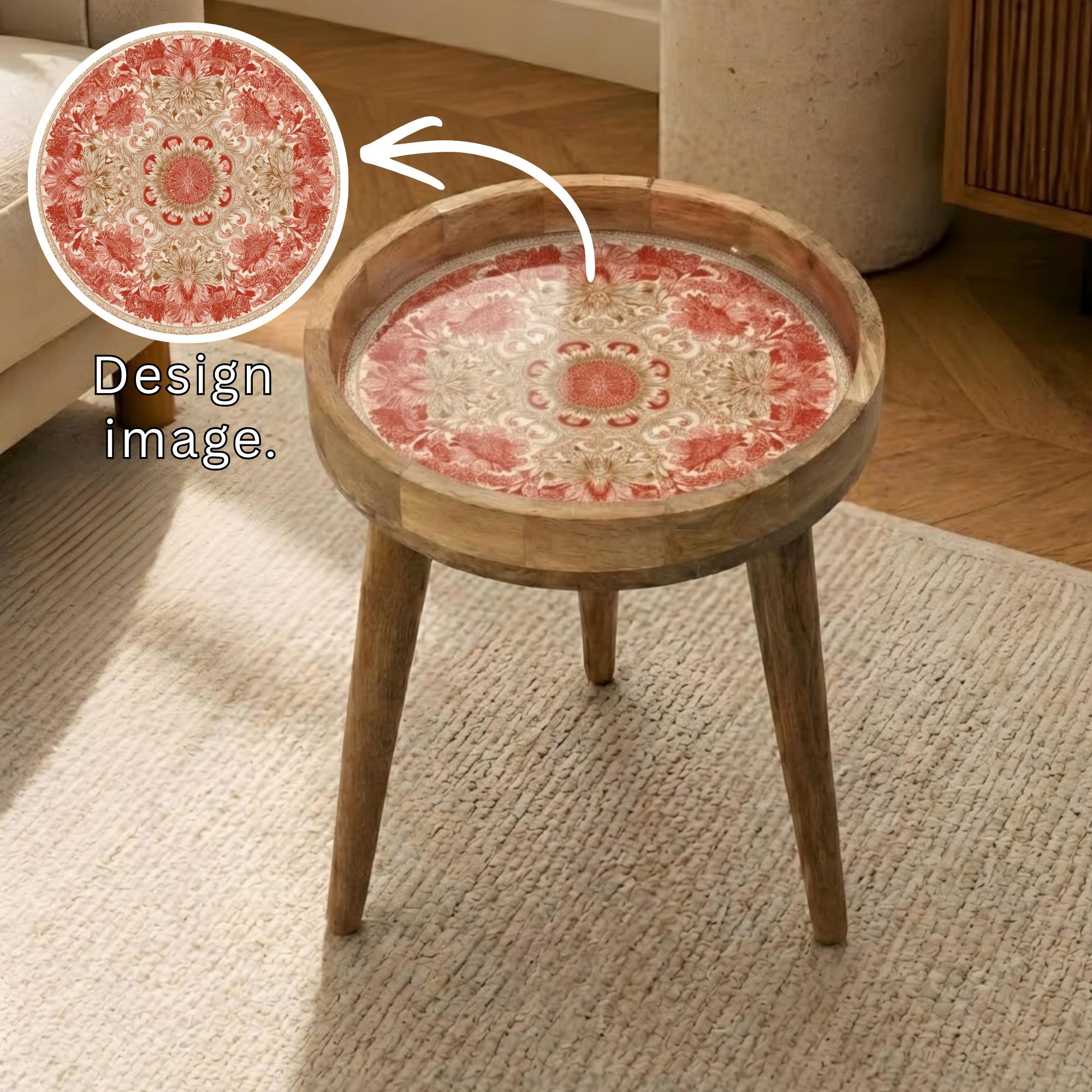 Mandala Printed Mango Wood Side Table | Red Boho Round Accent Table