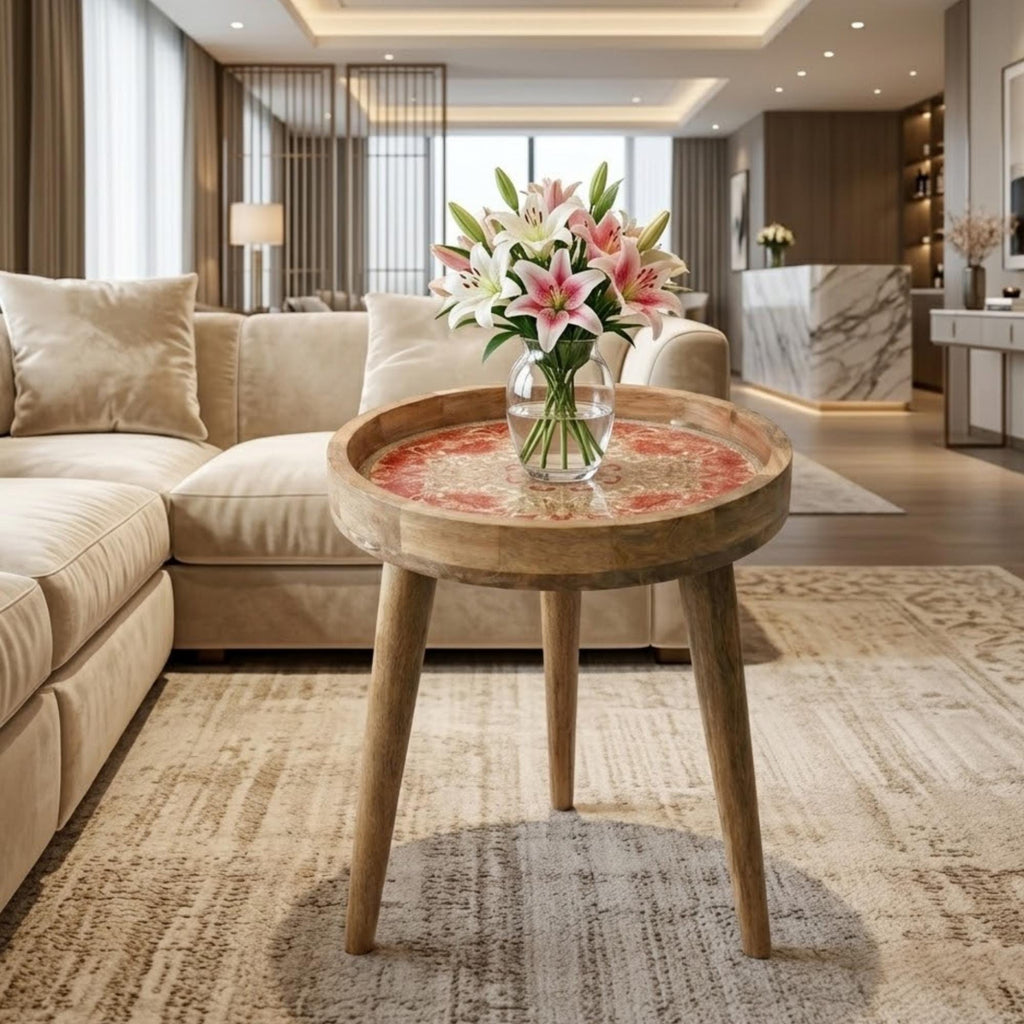 Mandala Printed Mango Wood Side Table | Red Boho Round Accent Table
